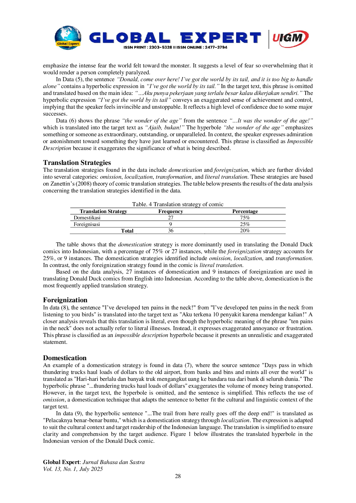 JURIS Domestication and Foreignization of Hyperbole in Donald Duck s Comic From English to Indonesian