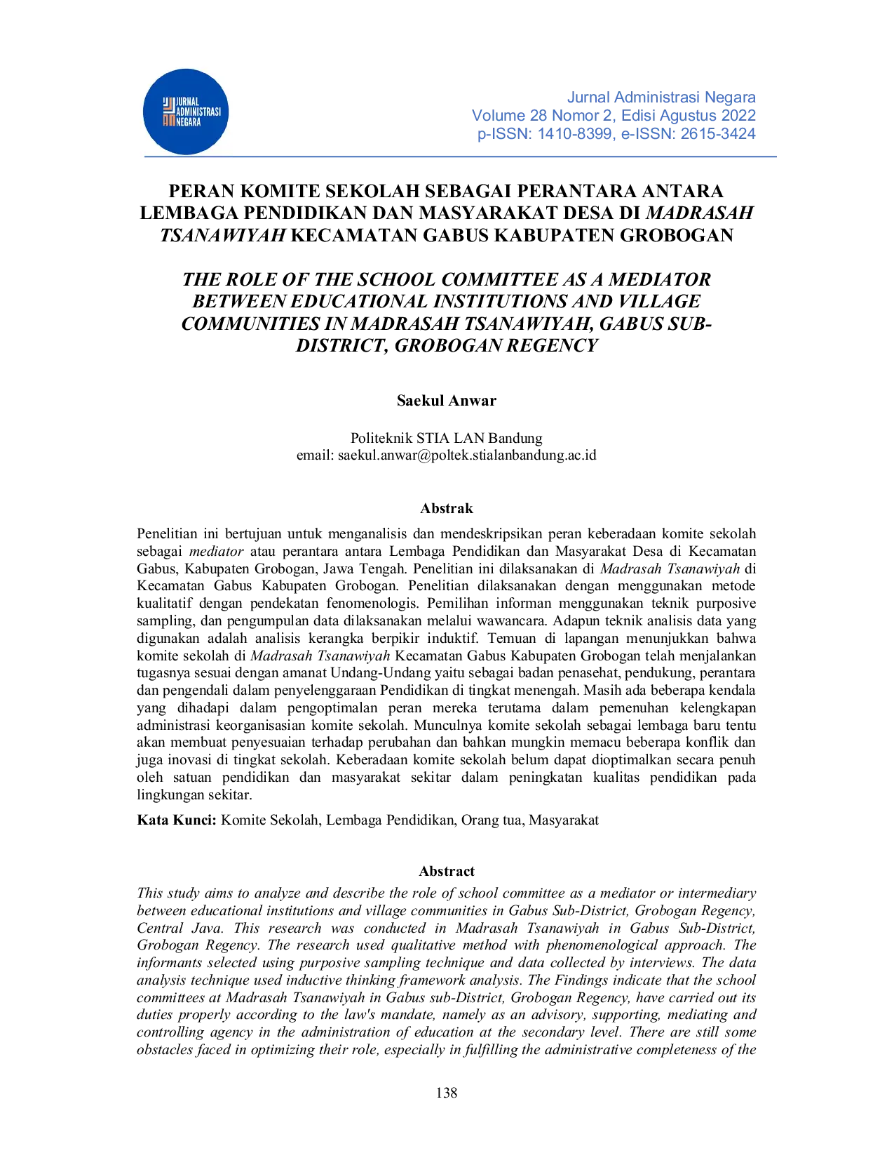 JURIS Peran Komite Sekolah Sebagai Perantara Antara Lembaga Pendidikan dan Masyarakat Desa di Madrasah Tsanawiyah Kecamatan Gabus Kabupaten Grobogan
