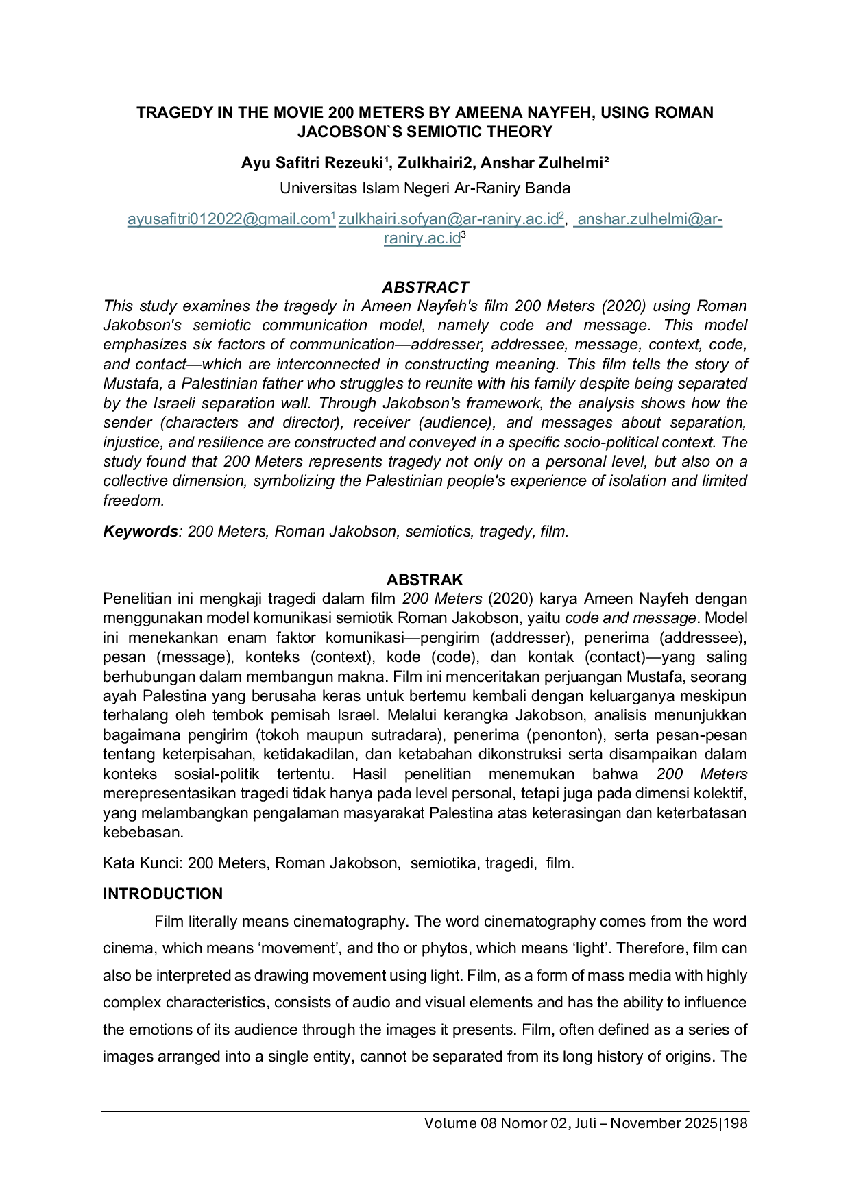 JURIS Tragedy in the Movie 200 Meters by Ameena Nayfeh Using Roman Jacobson s Semiotic Theory