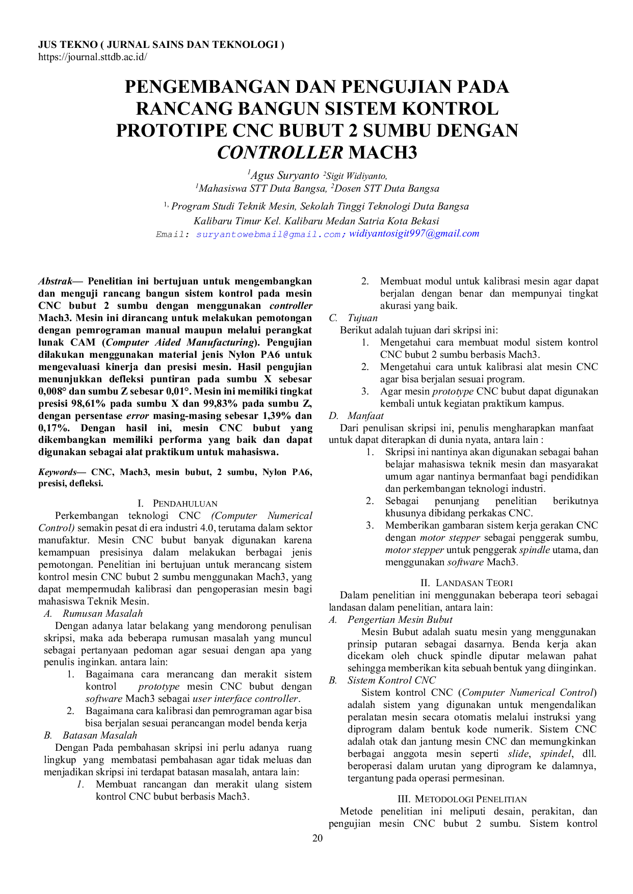 JURIS Pengembangan Dan Pengujian Pada Rancang Bangun Sistem Kontrol Prototype Cnc Bubut 2 Sumbu Dengan Controller Mach3