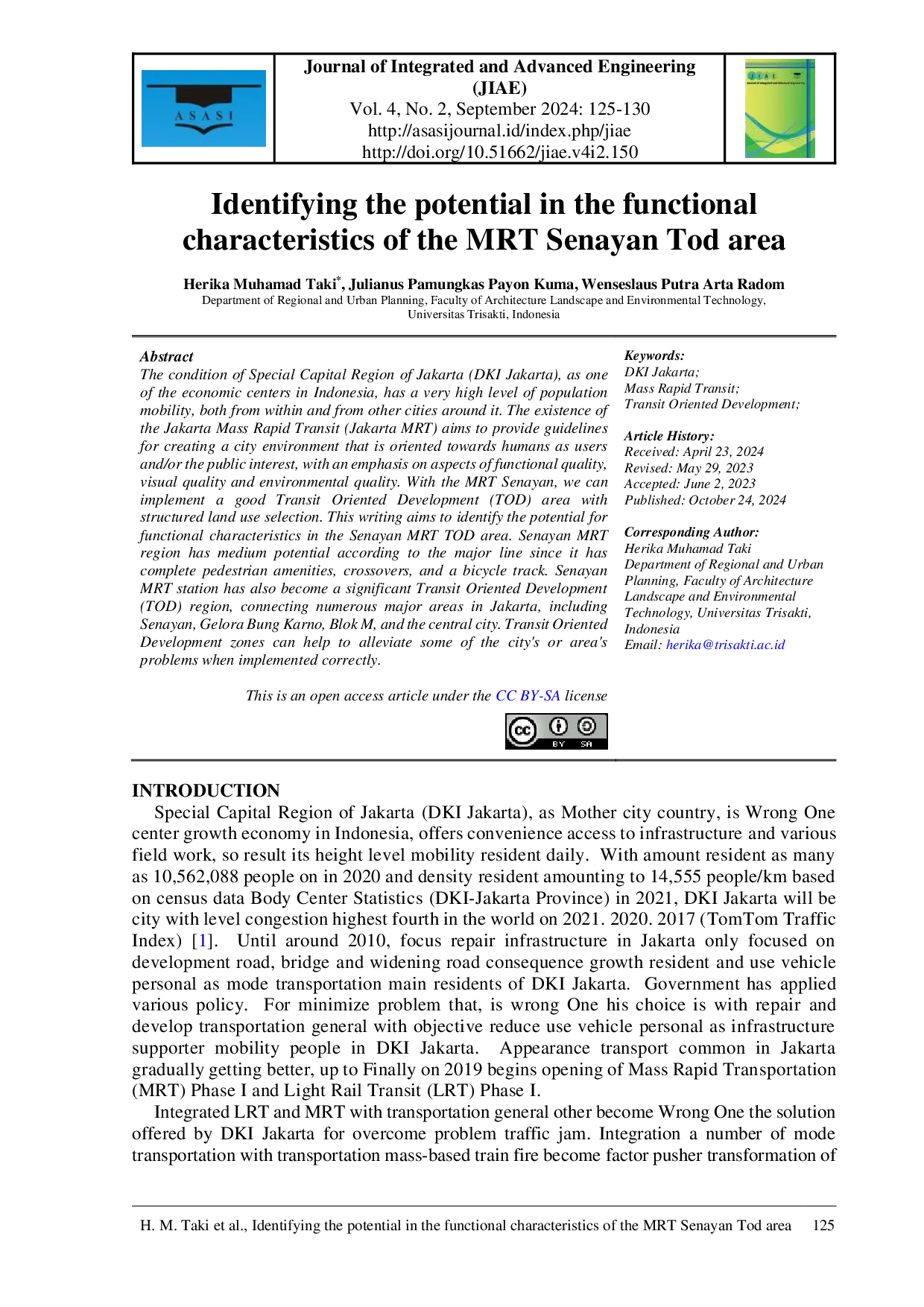 JURIS Identifying the potential in the functional characteristics of the MRT Senayan Tod area