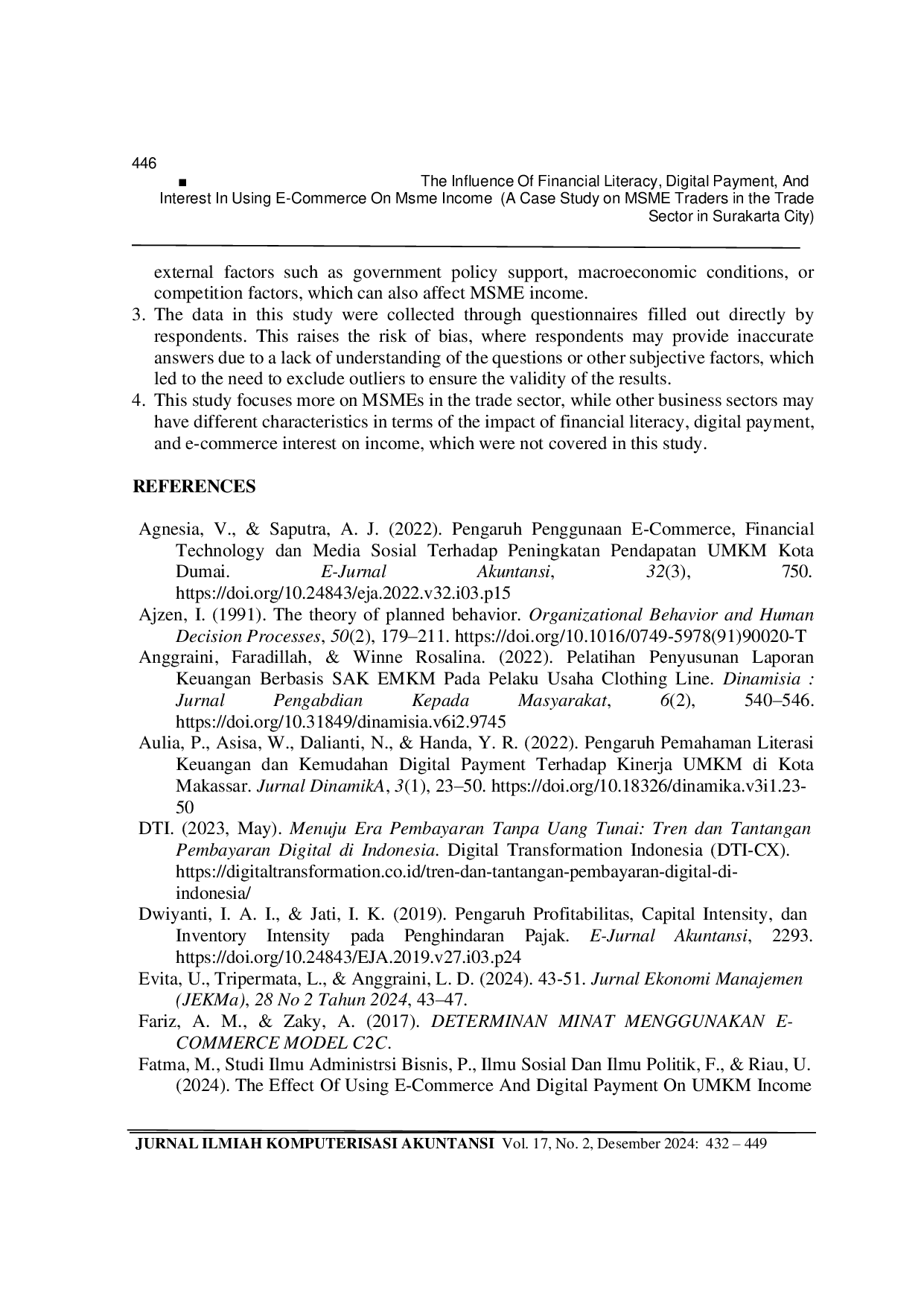 JURIS The Influence Of Financial Literacy Digital Payment And Interest In Using E Commerce On Msme Income A Case Study on MSME Traders in the Trade Sector in Surakarta City