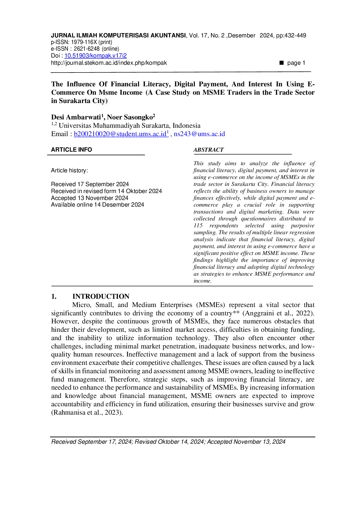 JURIS The Influence Of Financial Literacy Digital Payment And Interest In Using E Commerce On Msme Income A Case Study on MSME Traders in the Trade Sector in Surakarta City