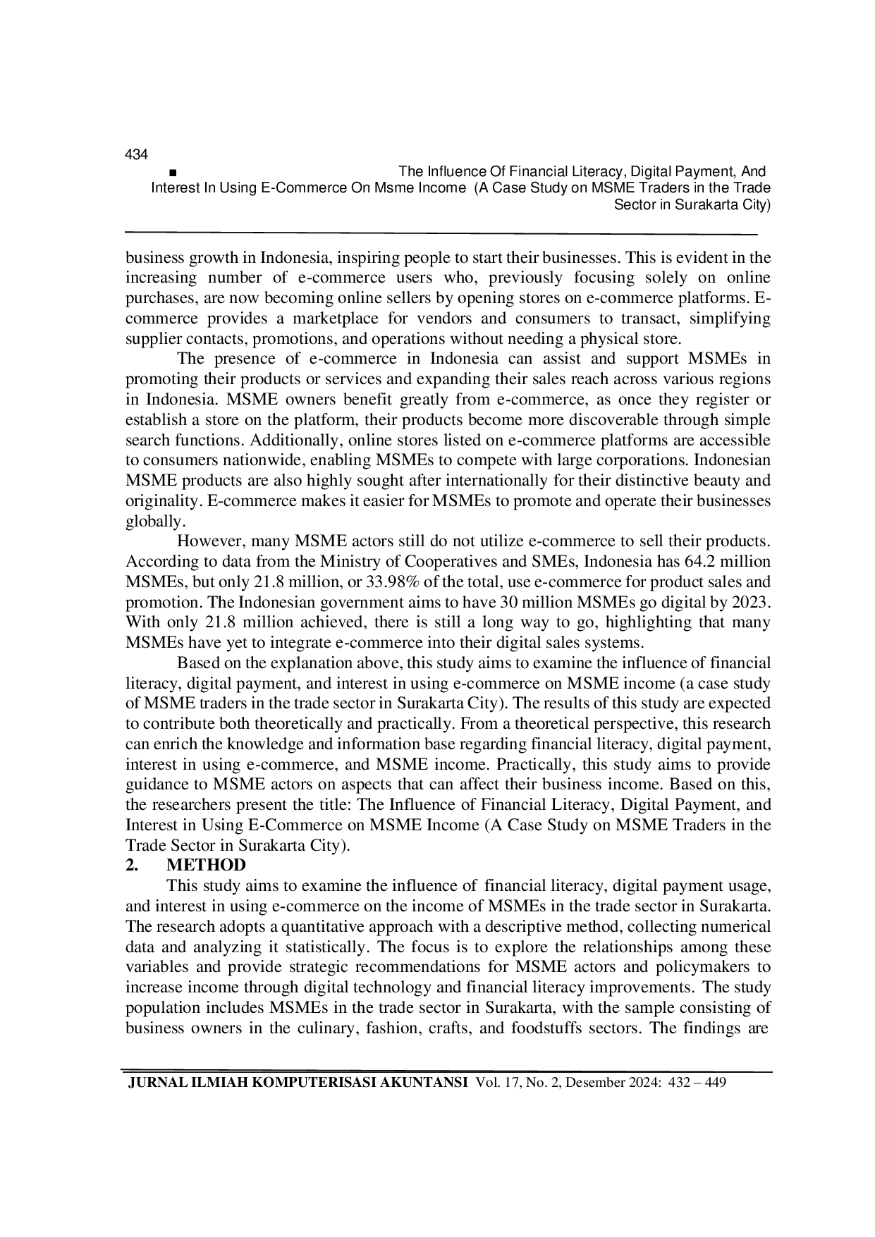 JURIS The Influence Of Financial Literacy Digital Payment And Interest In Using E Commerce On Msme Income A Case Study on MSME Traders in the Trade Sector in Surakarta City