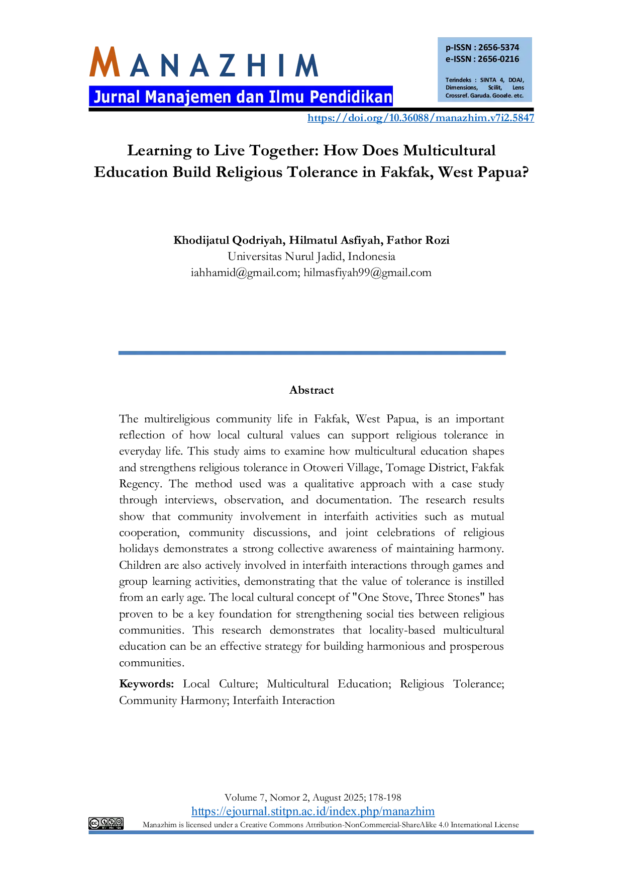 JURIS Learning to Live Together How Does Multicultural Education Build Religious Tolerance in Fakfak West Papua