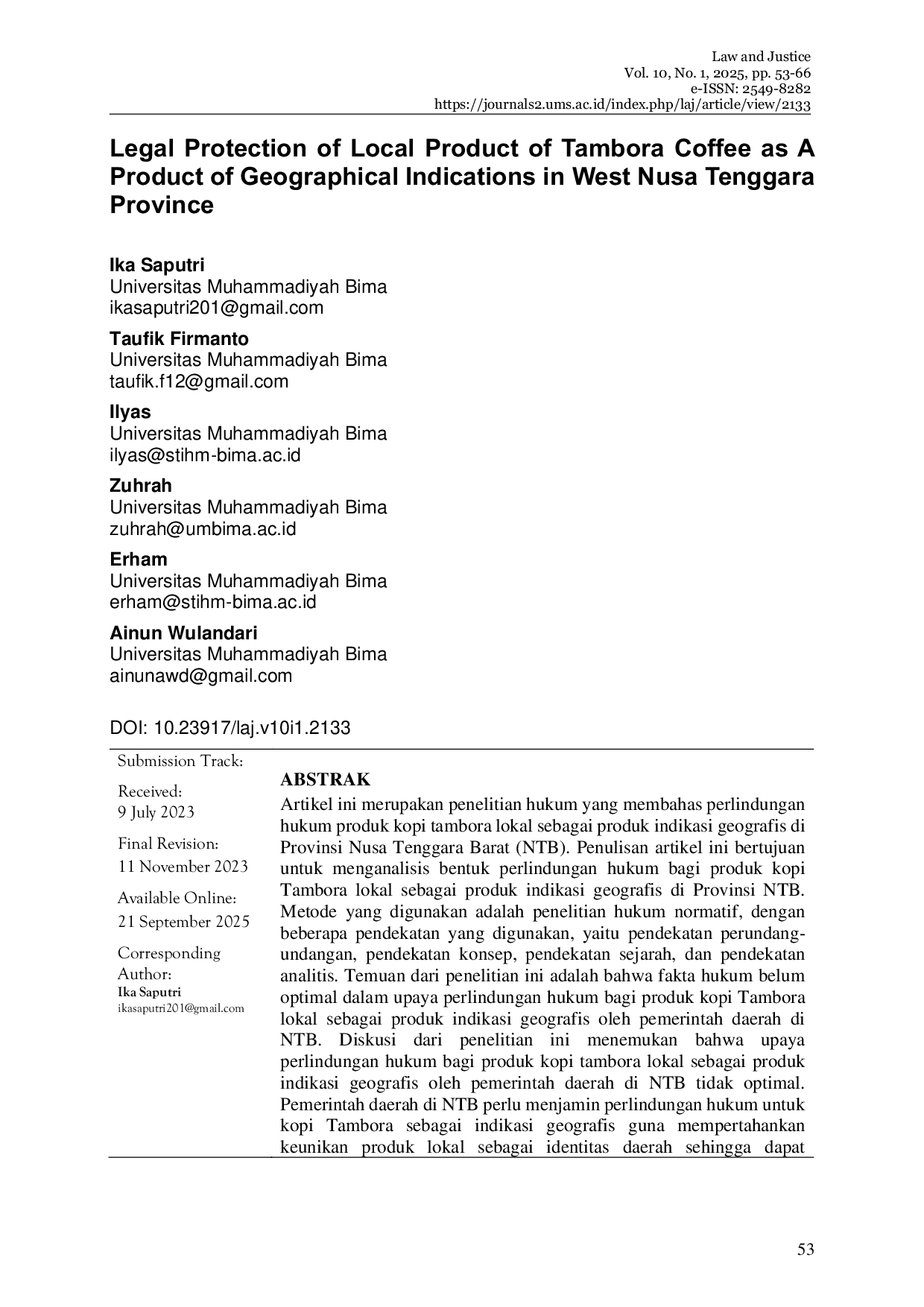 JURIS Legal Protection of Local Product of Tambora Coffee as A Product of Geographical Indications in West Nusa Tenggara Province