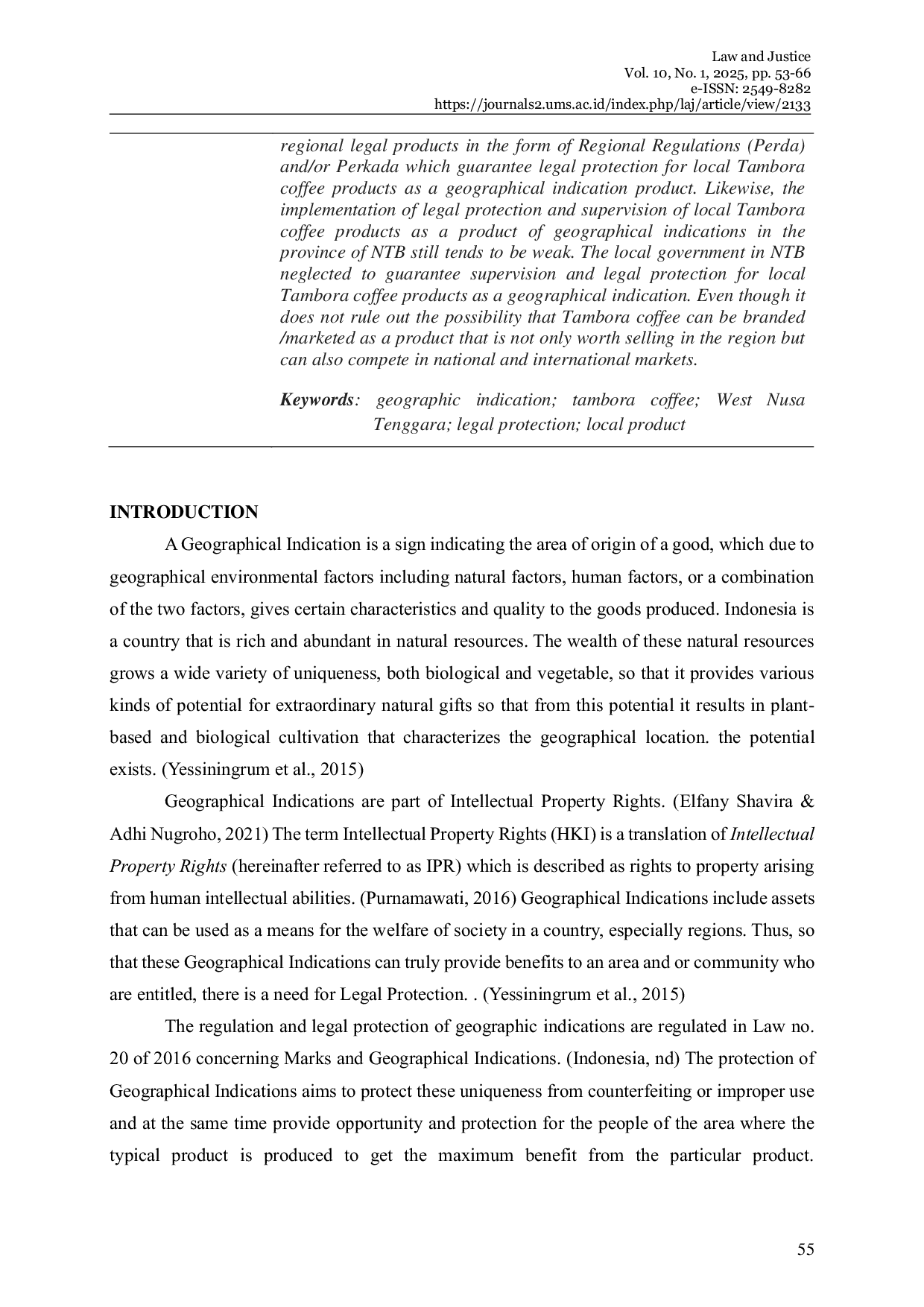 JURIS Legal Protection of Local Product of Tambora Coffee as A Product of Geographical Indications in West Nusa Tenggara Province