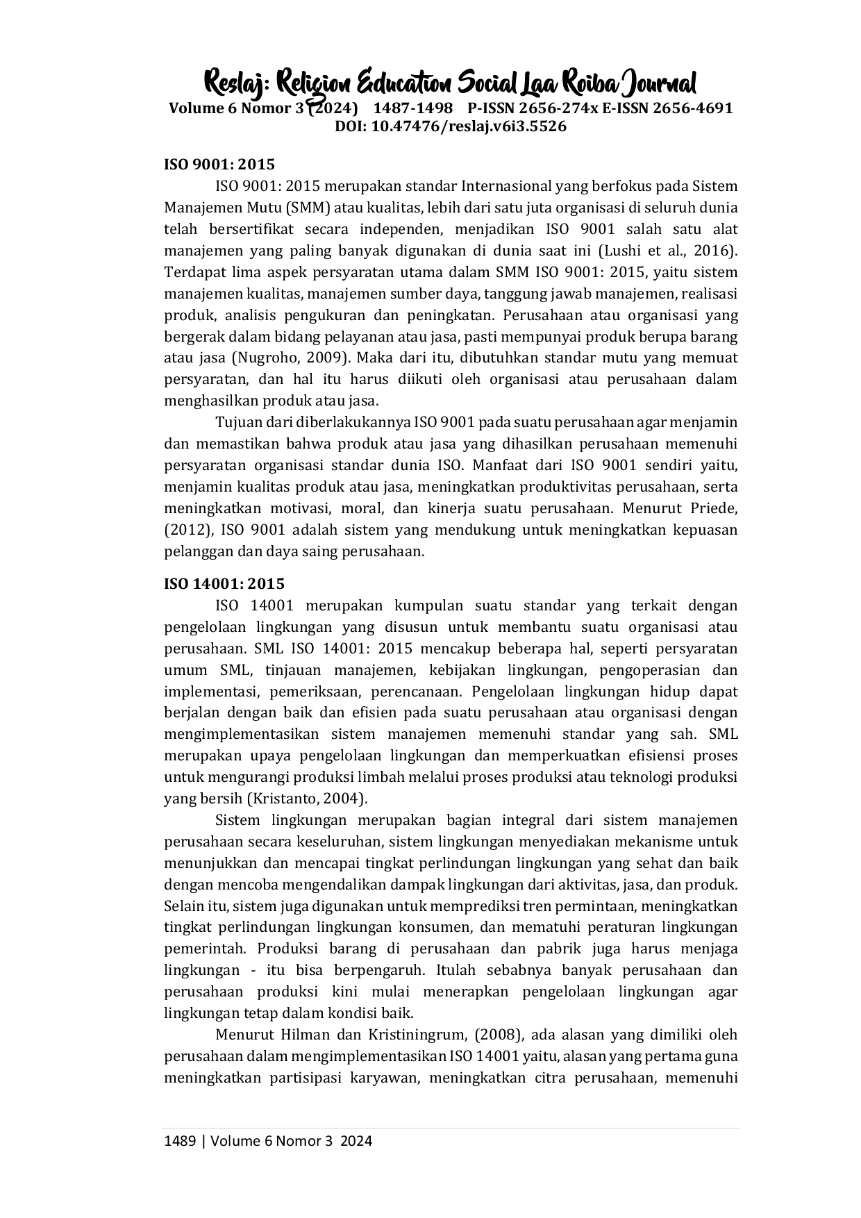 JURIS Integrasi Penerapan Sistem Manajemen ISO 9001 dan ISO 14001 pada Perusahaan Rekanan Pertamina