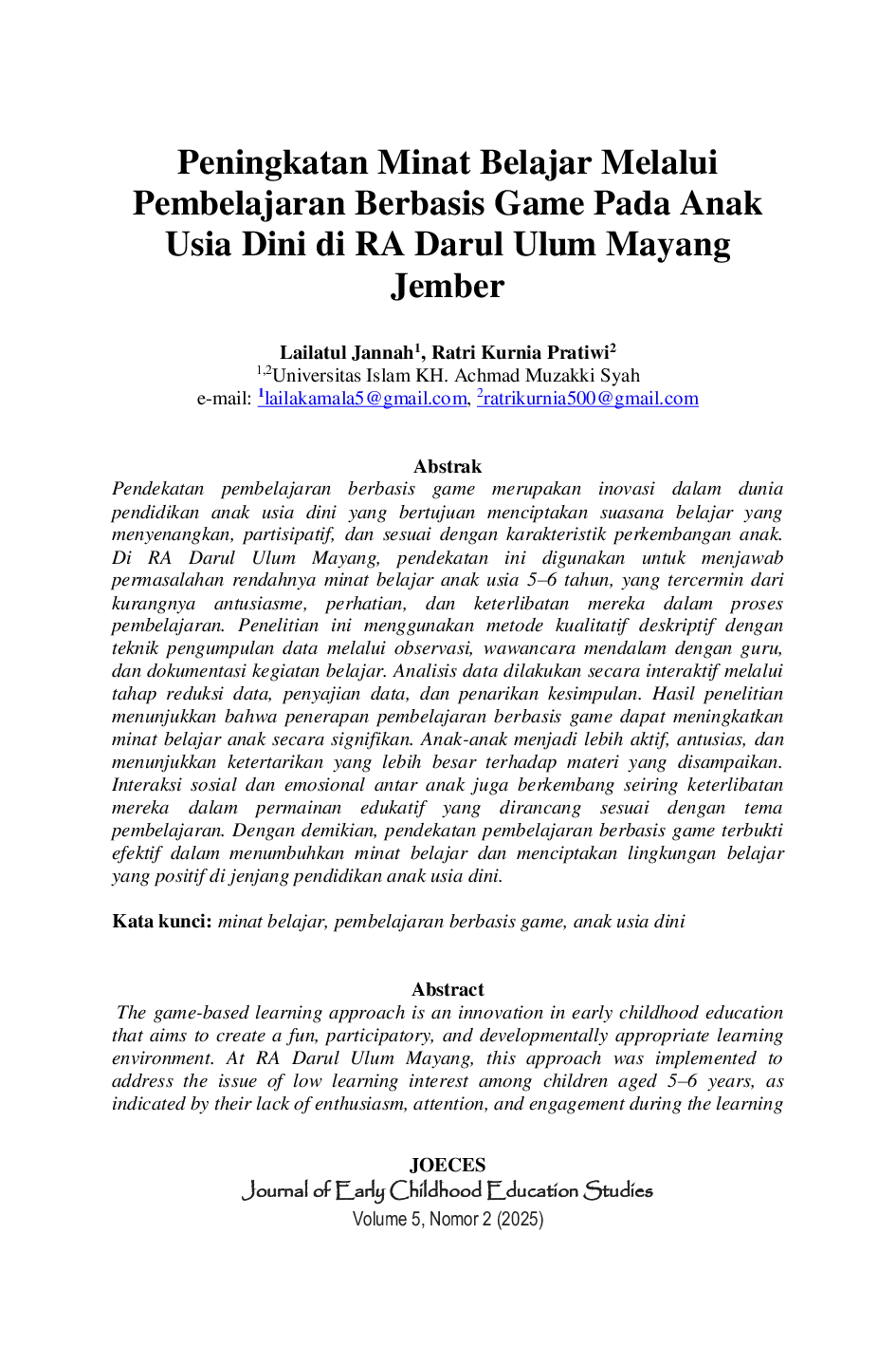 JURIS Peningkatan Minat Belajar melalui Pendekatan Pembelajaran Berbasis Game pada Anak Usia 5 6 Tahun di RA Darul Ulum Mayang Jember