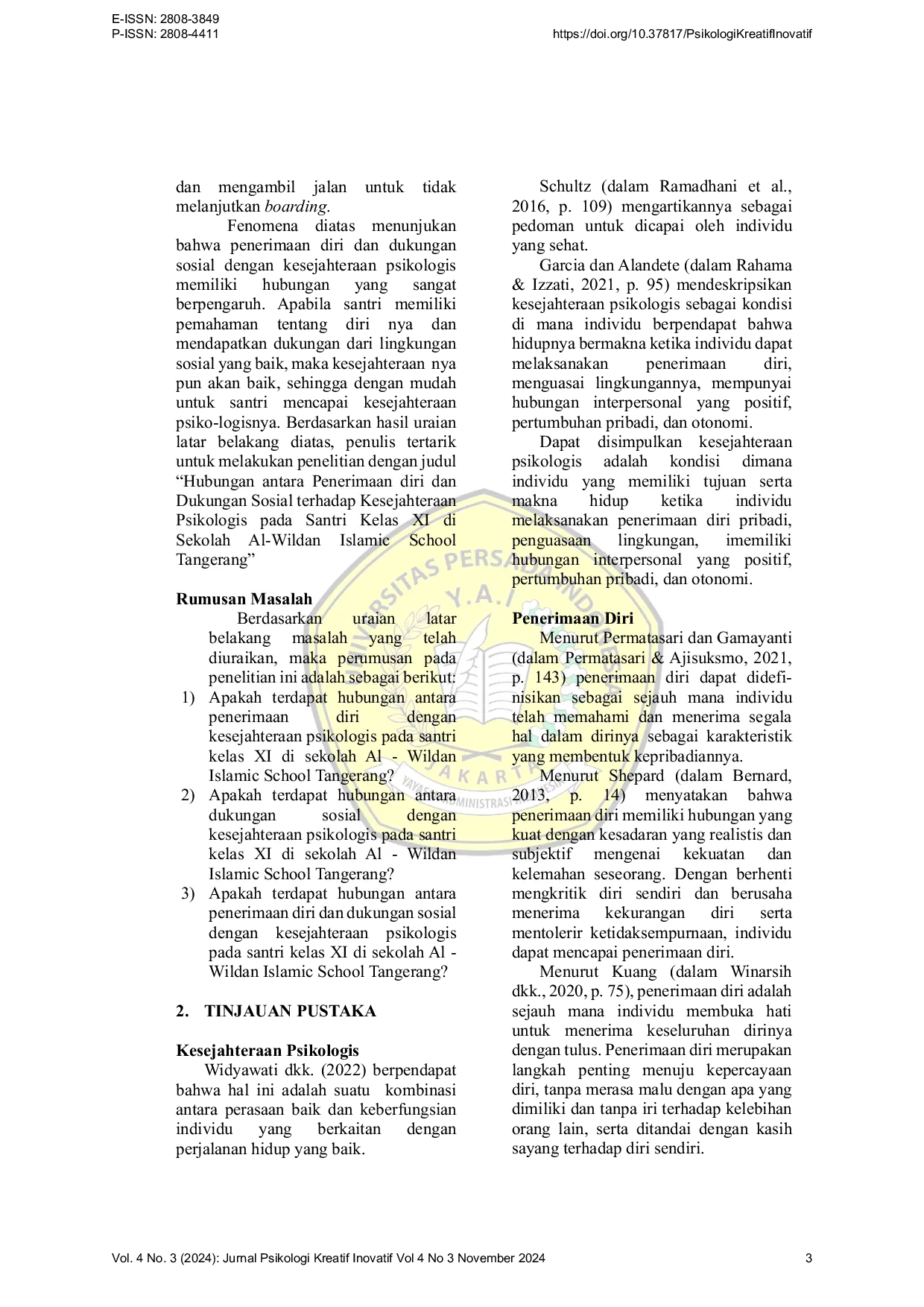 JURIS Hubungan antara Penerimaan Diri dan Dukungan Sosial dengan Kesejahteraan Psikologis pada Santri Kelas XI di Sekolah Al Wildan Islamic School Tangerang