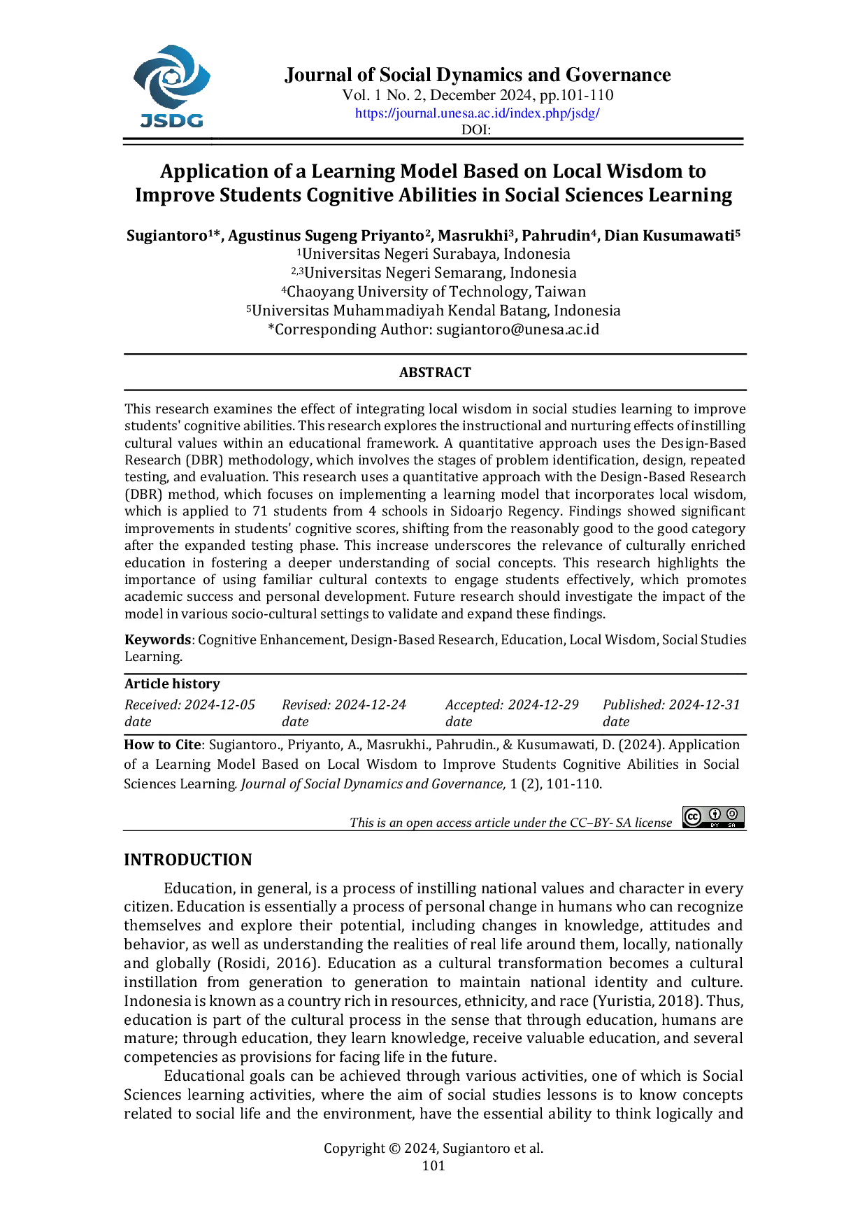 JURIS Application of a Learning Model Based on Local Wisdom to Improve Students Cognitive Abilities in Social Sciences Learning