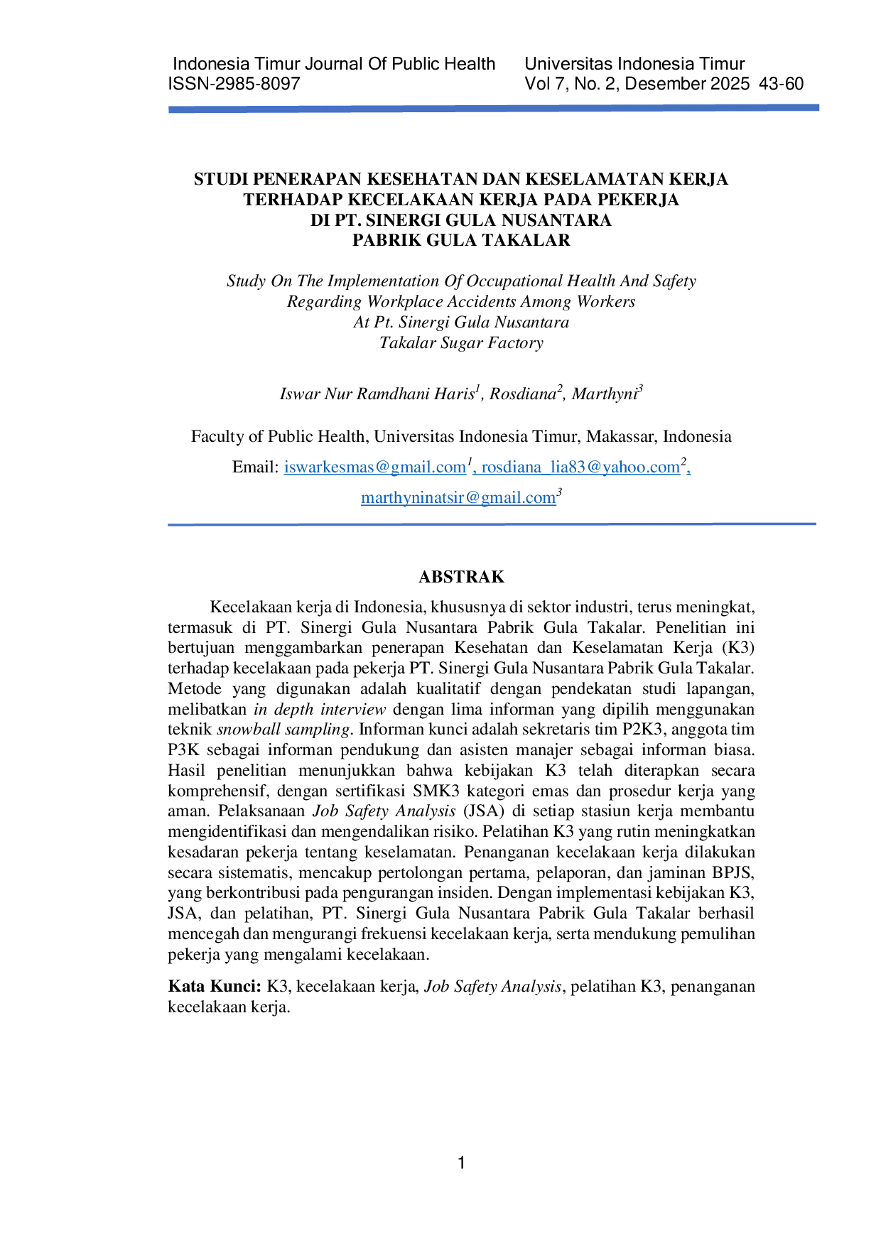 JURIS Studi Penerapan Kesehatan Dan Keselamatan Kerja Terhadap Kecelakaan Kerja Pada Pekerja Di Pt Sinergi Gula Nusantara Pabrik Gula Takalar