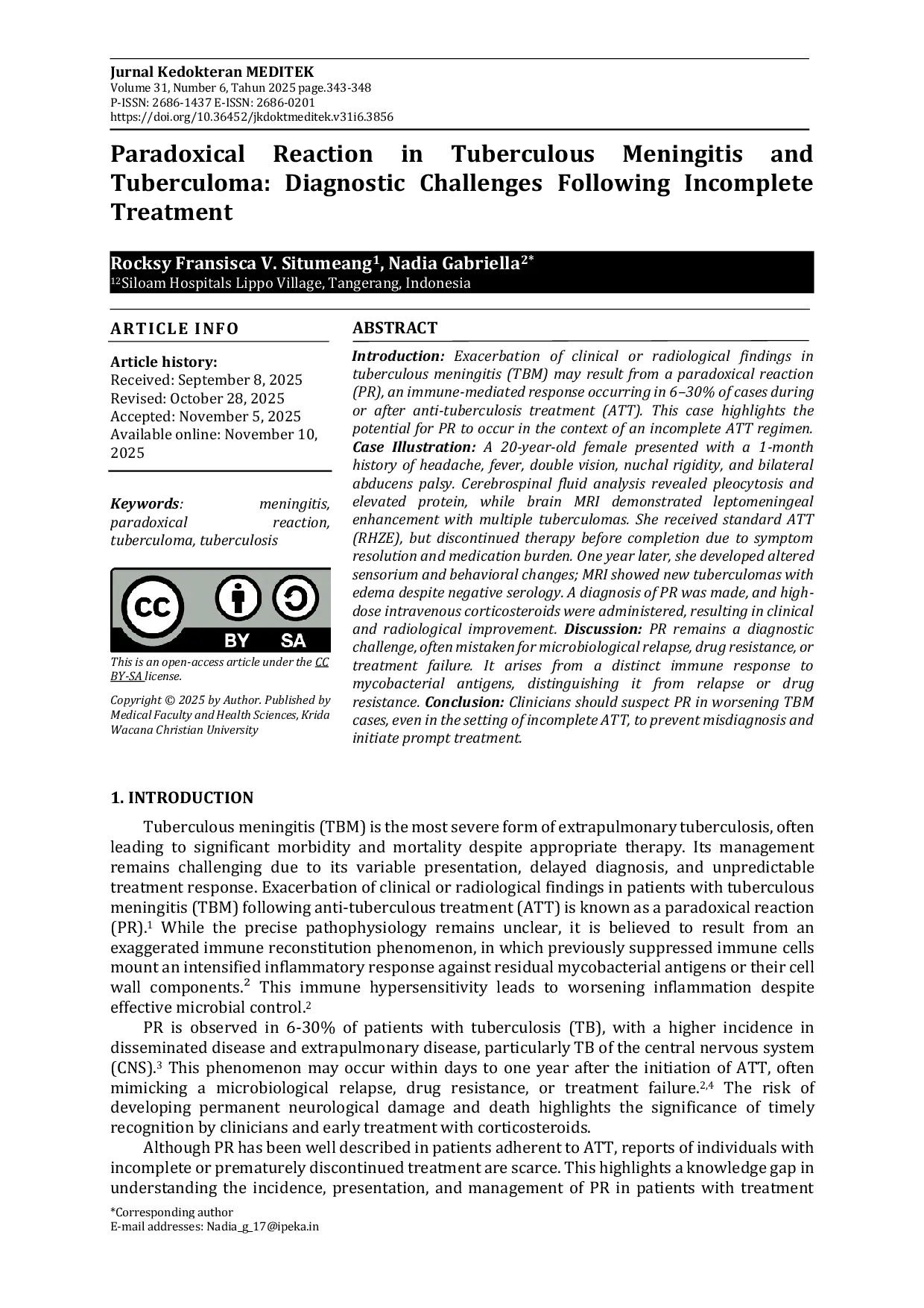JURIS Paradoxical Reaction in Tuberculous Meningitis and Tuberculoma Diagnostic Challenges Following Incomplete Treatment