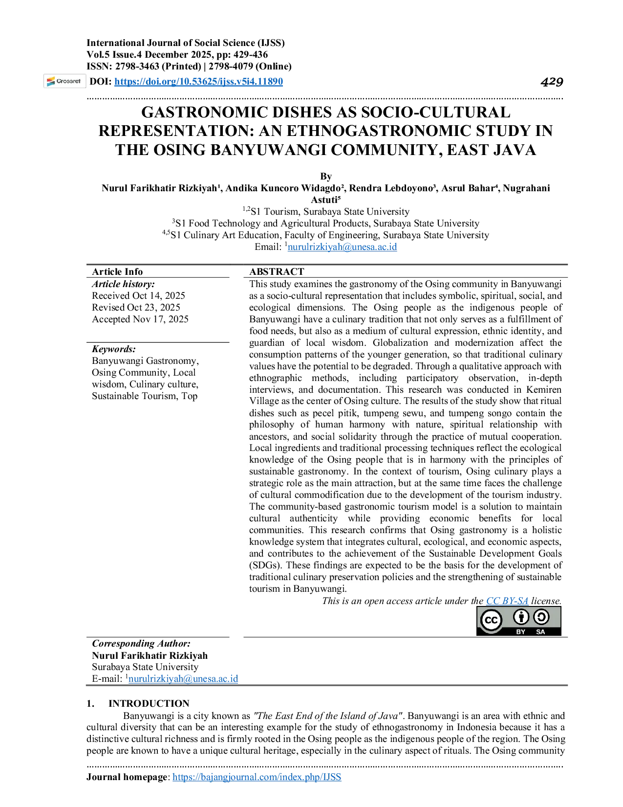 JURIS Gastronomic Dishes as Socio Cultural Representation An Ethnogastronomic Study in the Osing Banyuwangi Community East Java