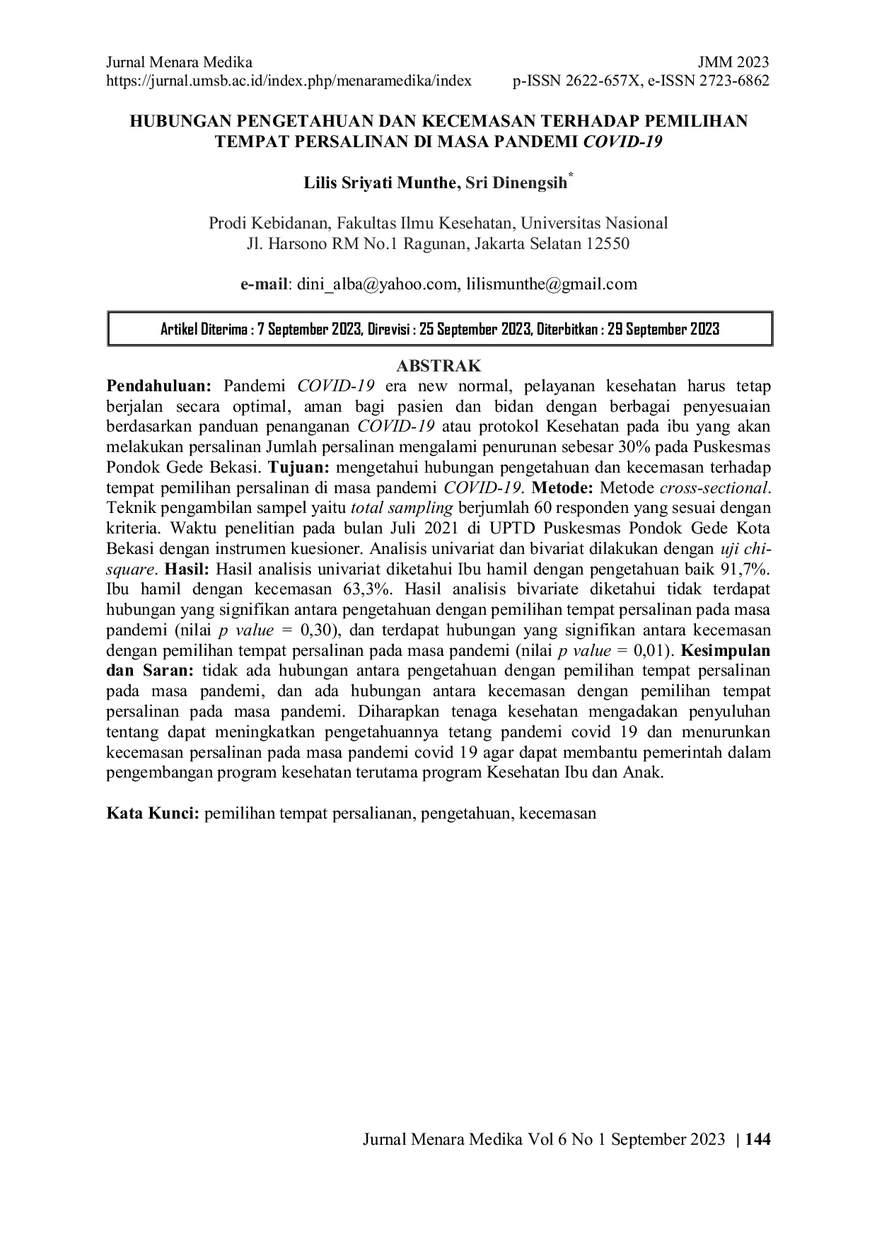 JURIS Hubungan Pengetahuan dan Kecemasan terhadap Pemilihan Tempat Persalinan di Masa Pandemi COVID 19