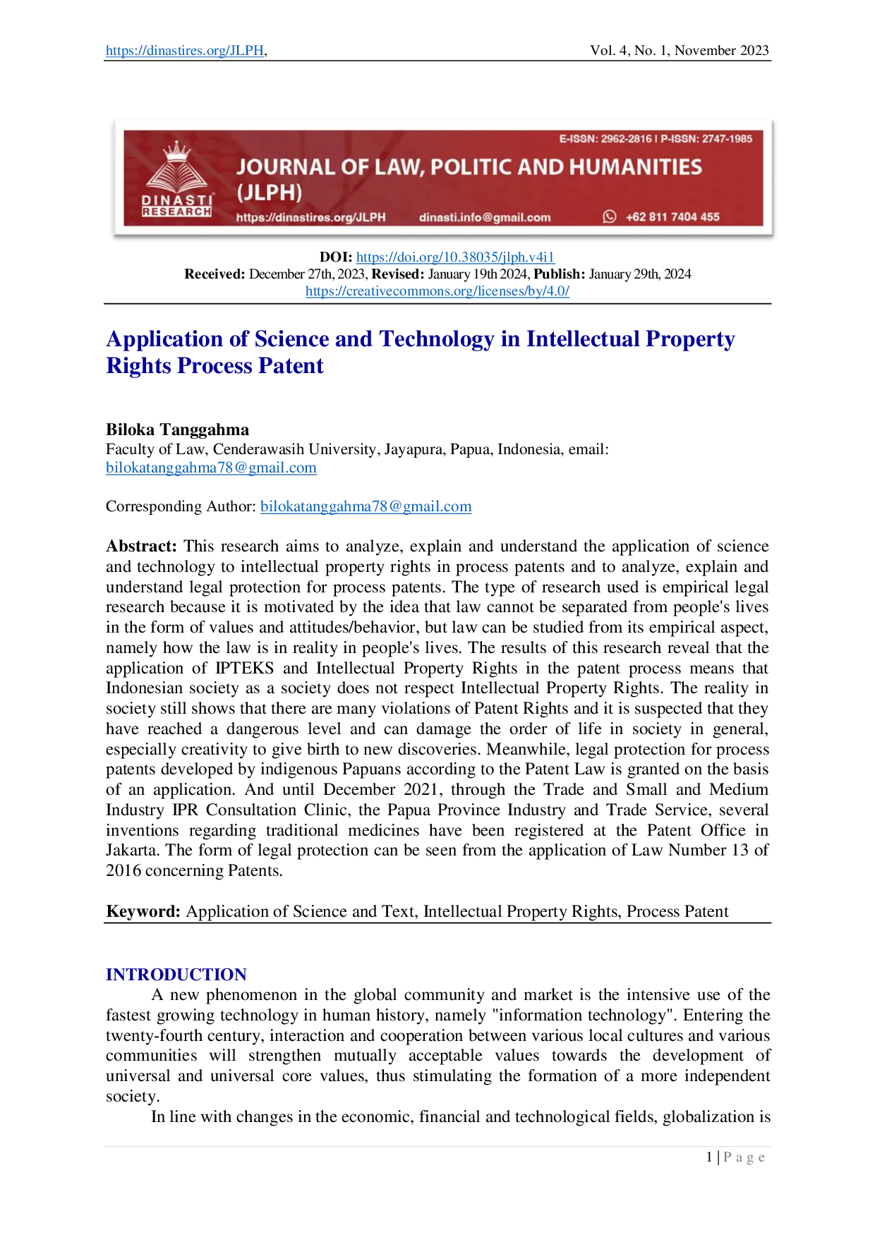 juris Application of Science and Technology in Intellectual Property Rights Process Patent