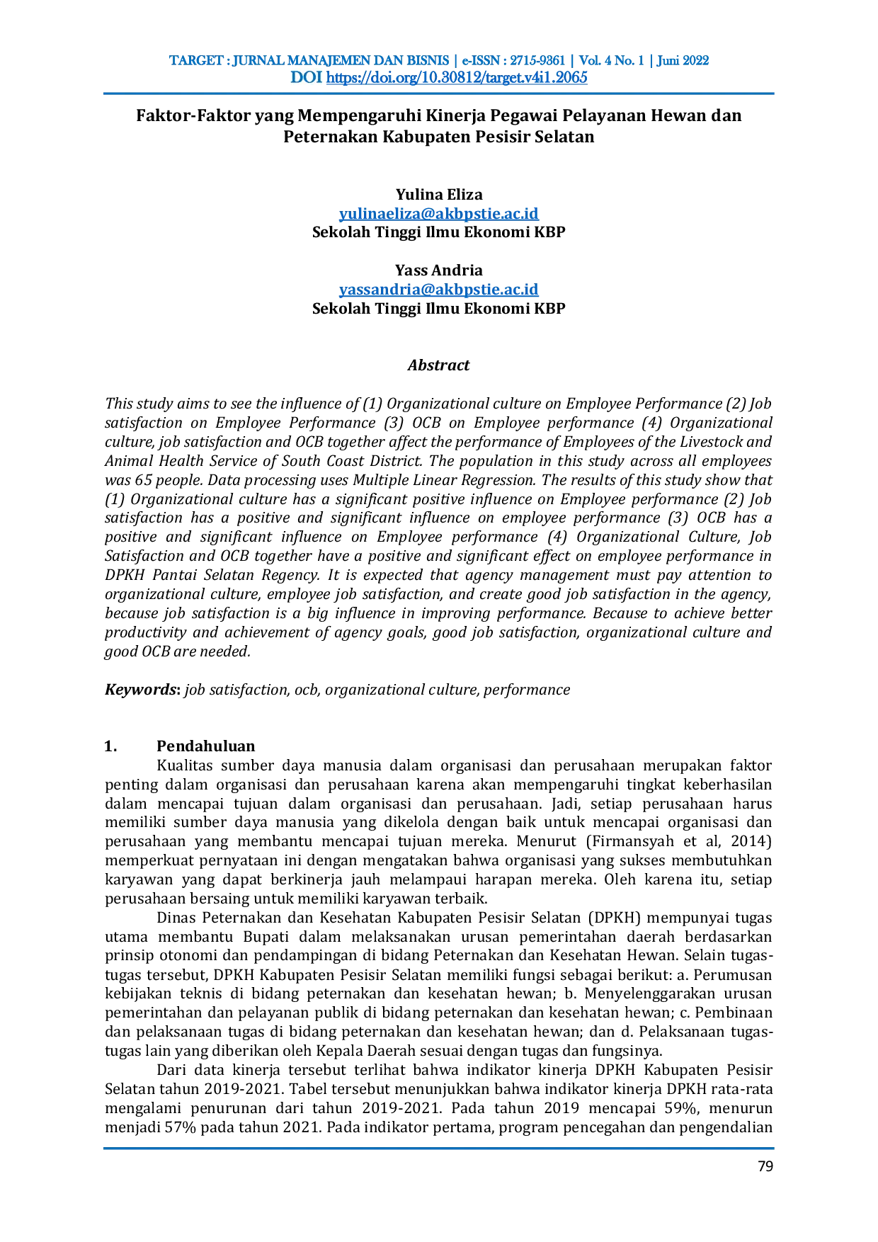 JURIS Faktor Faktor yang Mempengaruhi Kinerja Pegawai Pelayanan Hewan dan Peternakan Kabupaten Pesisir Selatan