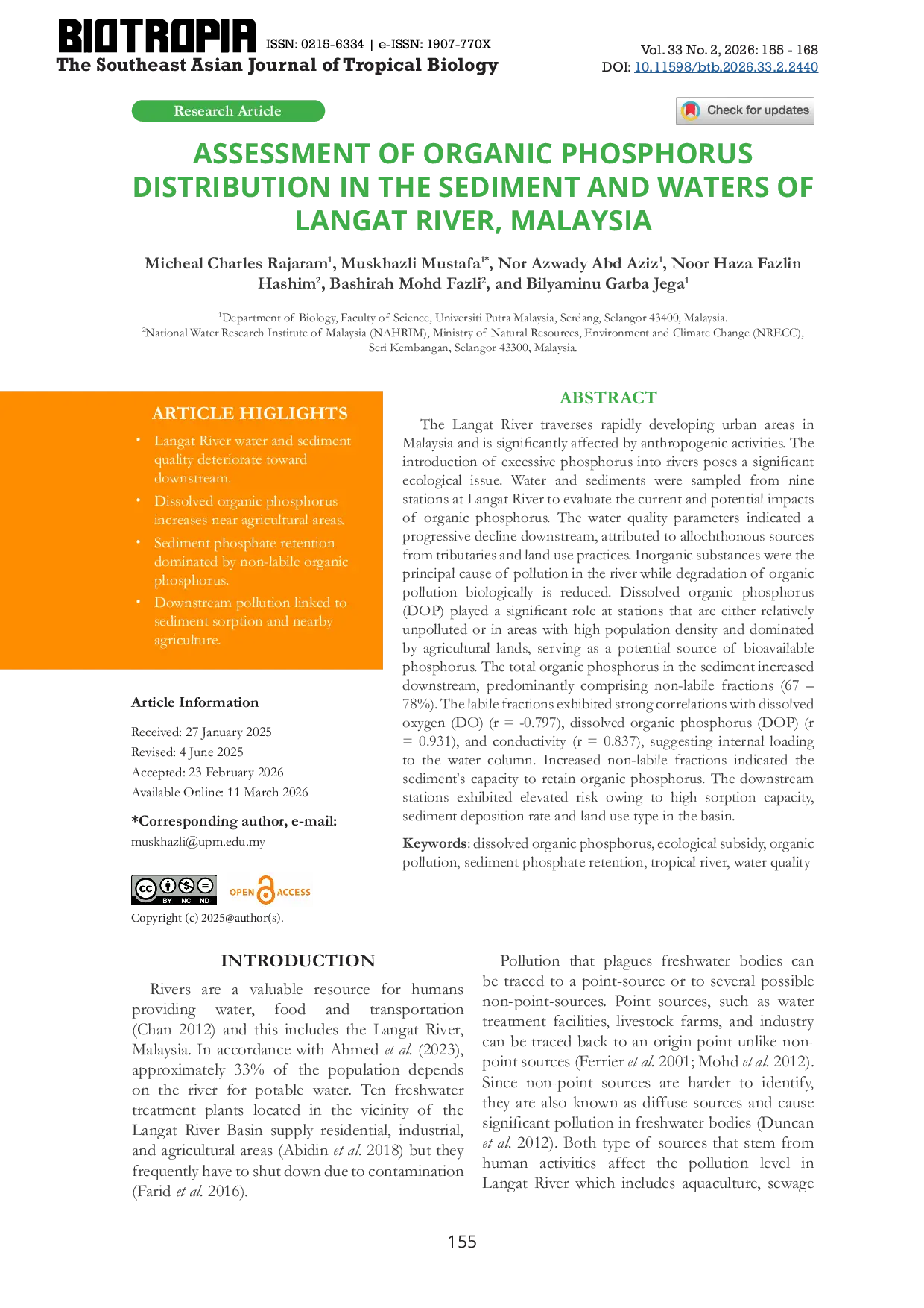 JURIS Assessment of Organic Phosphorus Distribution in the Sediment and Waters of Langat River Malaysia
