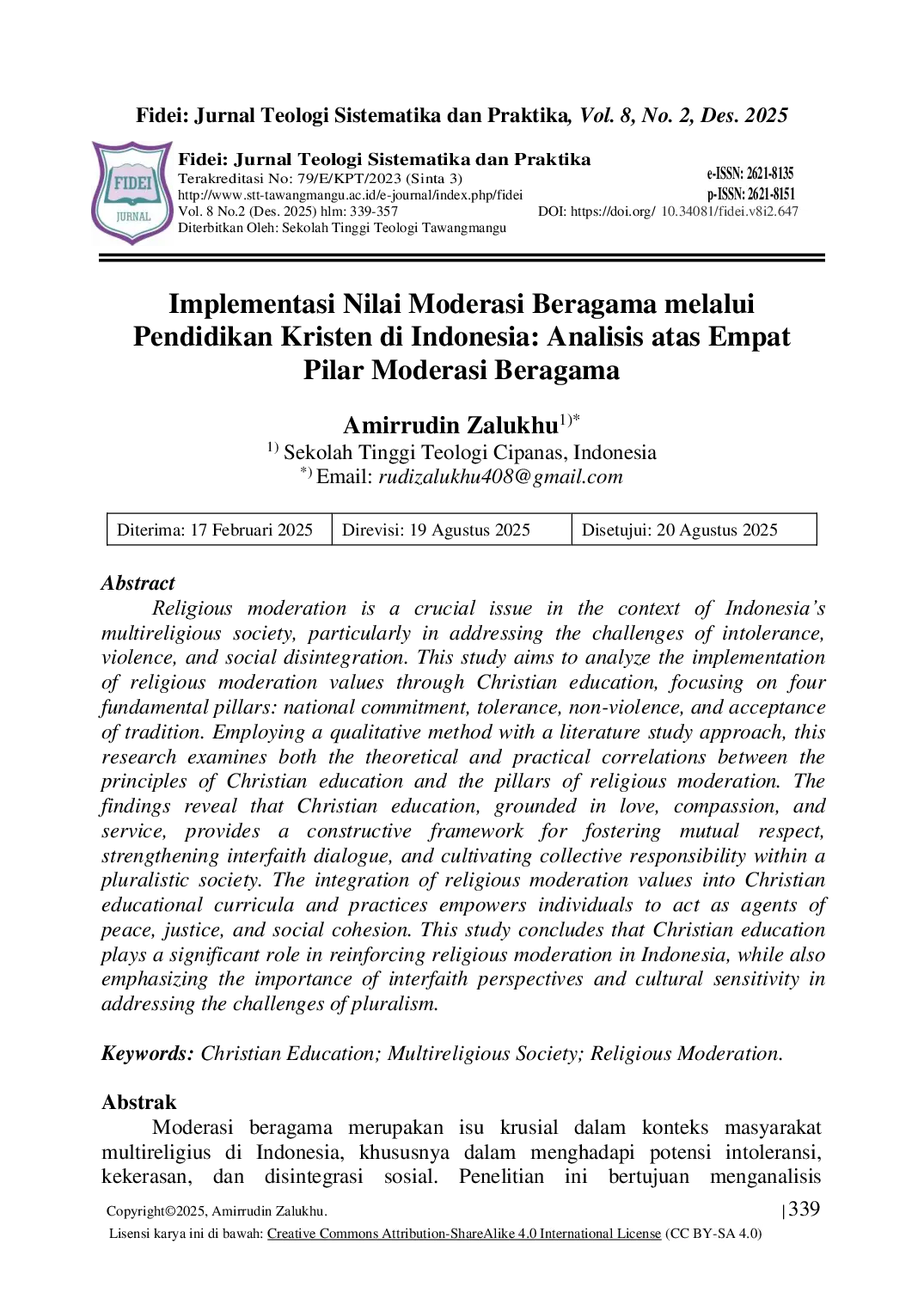 JURIS Implementasi Nilai Moderasi Beragama melalui Pendidikan Kristen di Indonesia Analisis atas Empat Pilar Moderasi Beragama