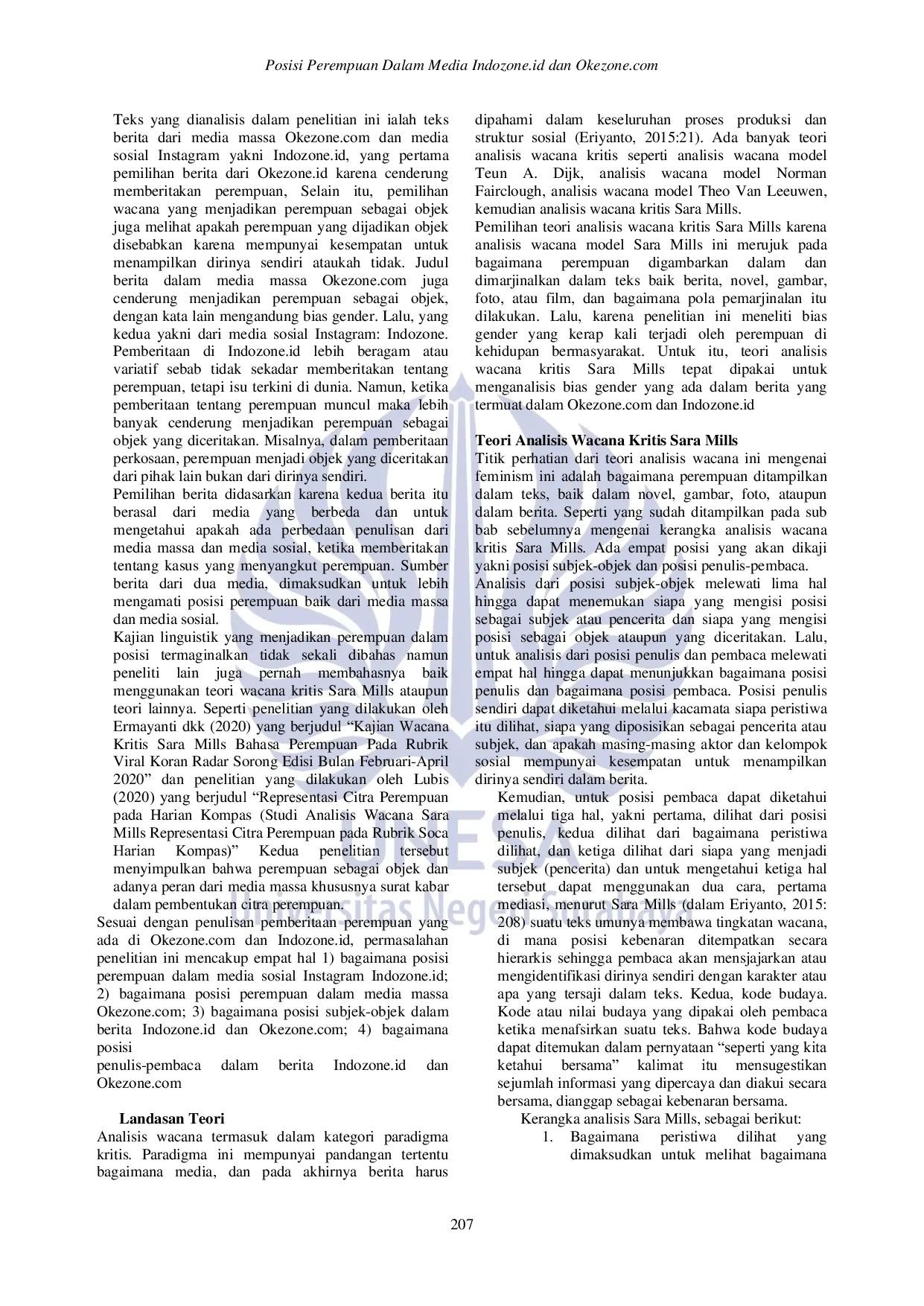 JURIS Posisi Perempuan Dalam Media Indozone Dan Okezone Kajian Wacana Kritis Sara Mills