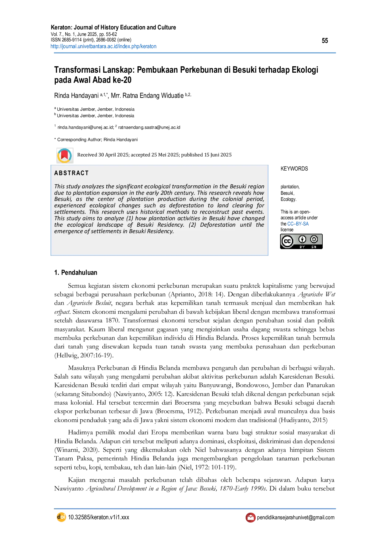 JURIS Landscape Transformation The Opening of Plantations in Besuki and Its Impact on Ecology in the Early 20th Century