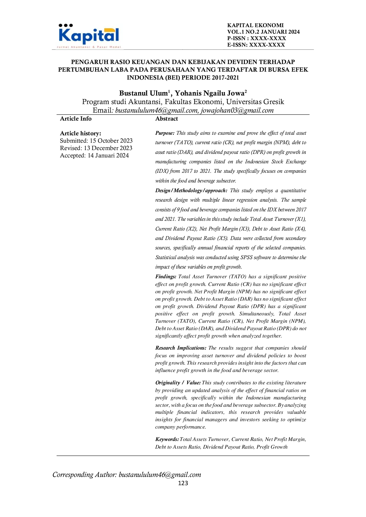 JURIS Pengaruh Rasio Keuangan Dan Kebijakan Dividen Terhadap Pertumbuhan Laba Pada Perusahaan Yang Terdaftar Di Bursa Efek Indonesia Bei Periode 2017 2021