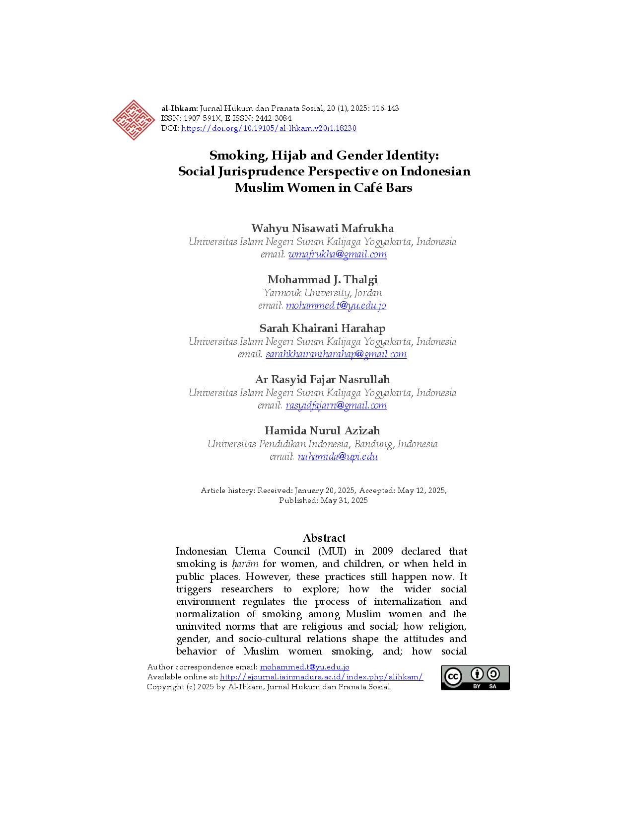 juris Smoking Hijab and Gender Identity Social Jurisprudence Perspective on Indonesian Muslim Women in Caf Bars