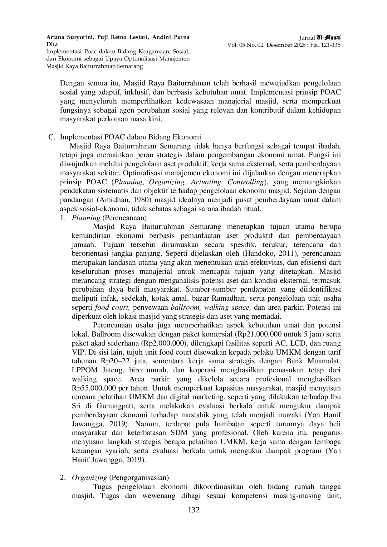 JURIS Implementasi POAC dalam Bidang Keagamaan Sosial dan Ekonomi sebagai Upaya Optimalisasi Manajemen Masjid Raya Baiturrahman Semarang