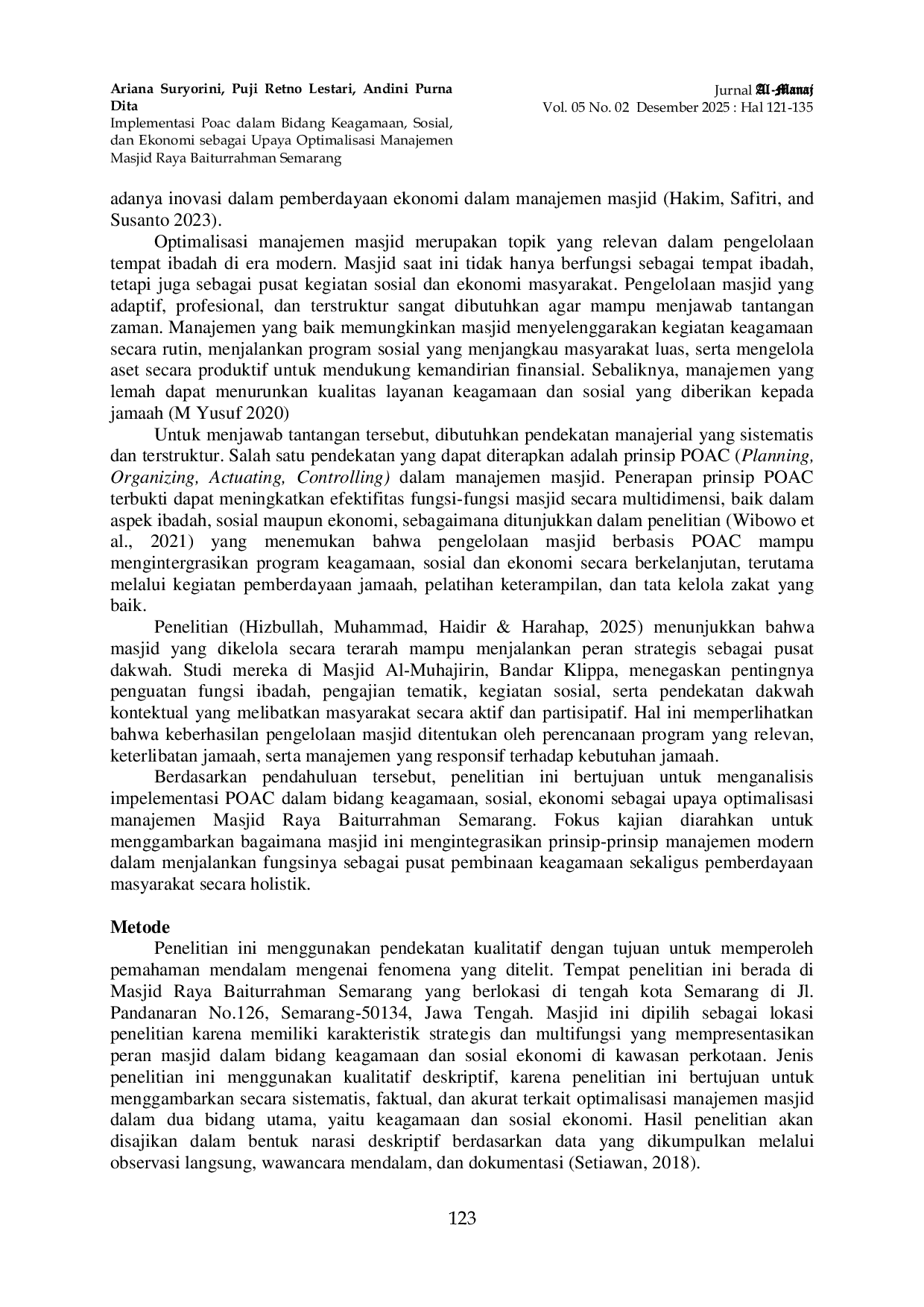 JURIS Implementasi POAC dalam Bidang Keagamaan Sosial dan Ekonomi sebagai Upaya Optimalisasi Manajemen Masjid Raya Baiturrahman Semarang