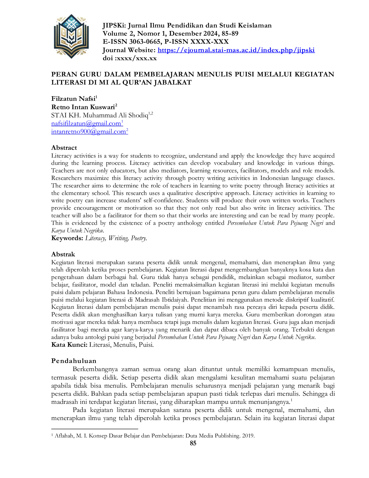 JURIS Peran Guru Dalam Pembelajaran Menulis Puisi Melalui Kegiatan Literasi Di Mi Al Qur an Jabalkat