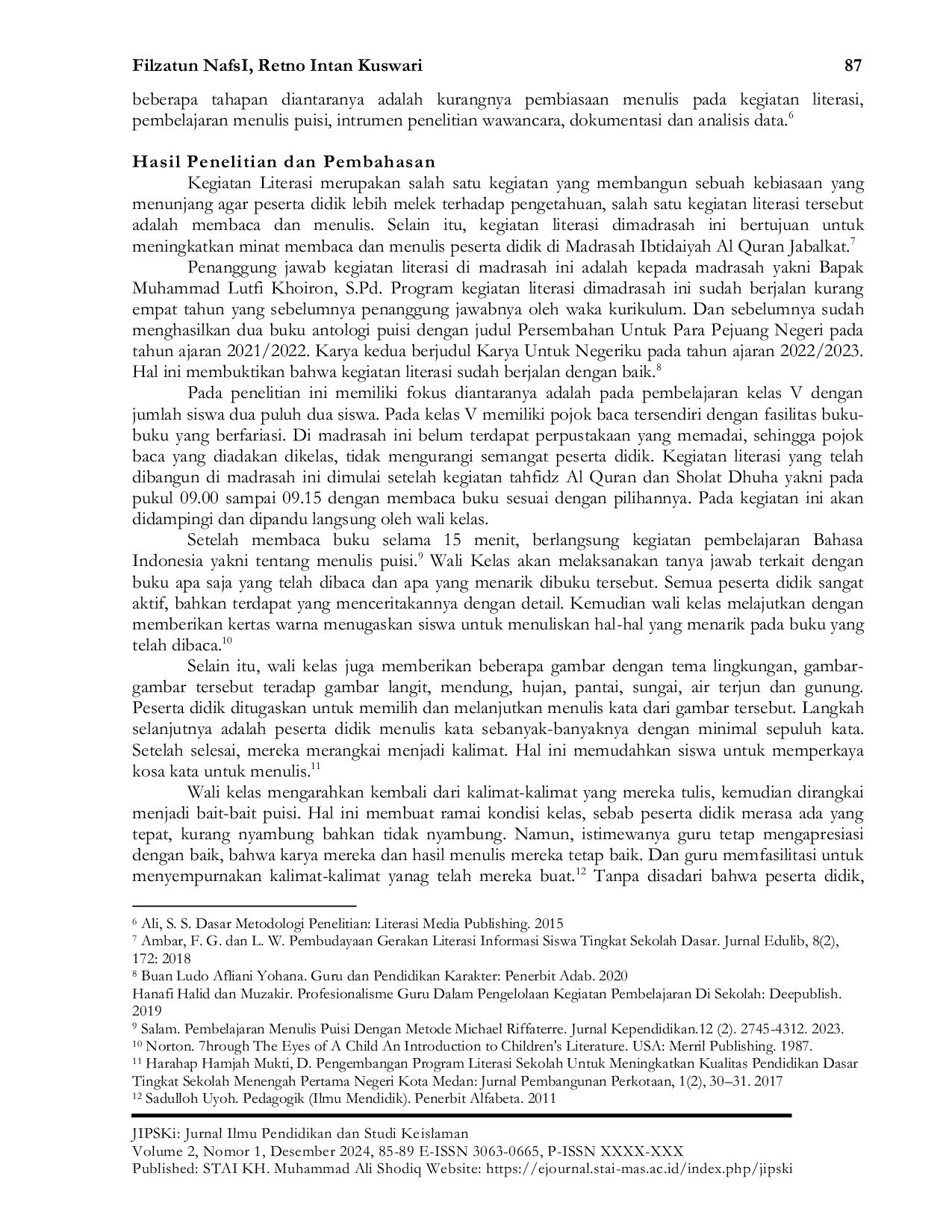 JURIS Peran Guru Dalam Pembelajaran Menulis Puisi Melalui Kegiatan Literasi Di Mi Al Qur an Jabalkat