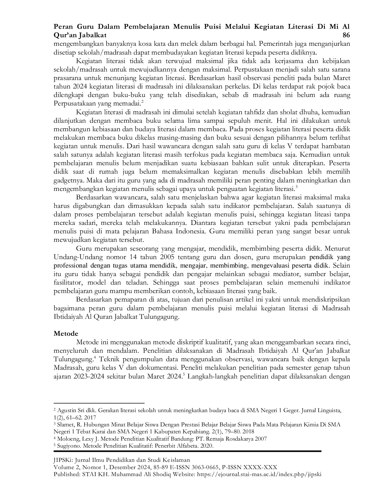 JURIS Peran Guru Dalam Pembelajaran Menulis Puisi Melalui Kegiatan Literasi Di Mi Al Qur an Jabalkat