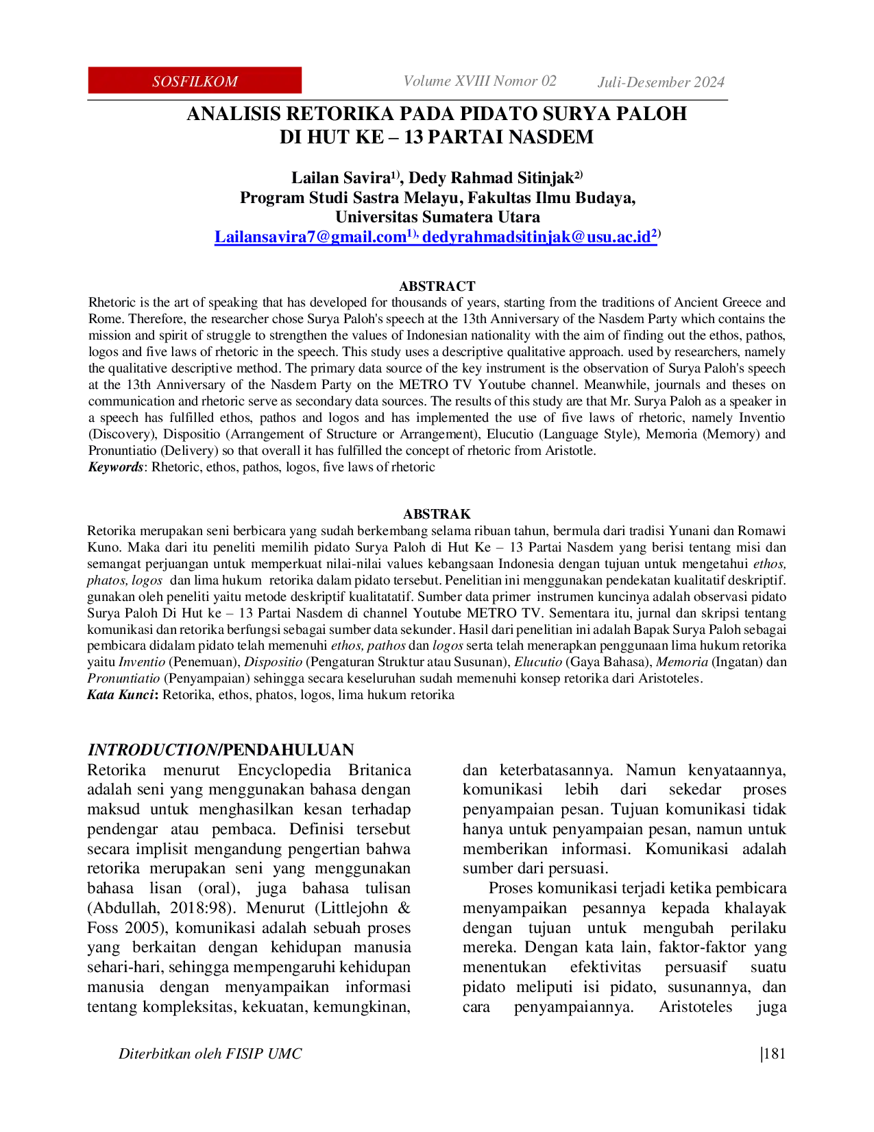 JURIS Analysis of Rhetoric in Surya Paloh s Speech at the 13th Anniversary of Nasdem Party