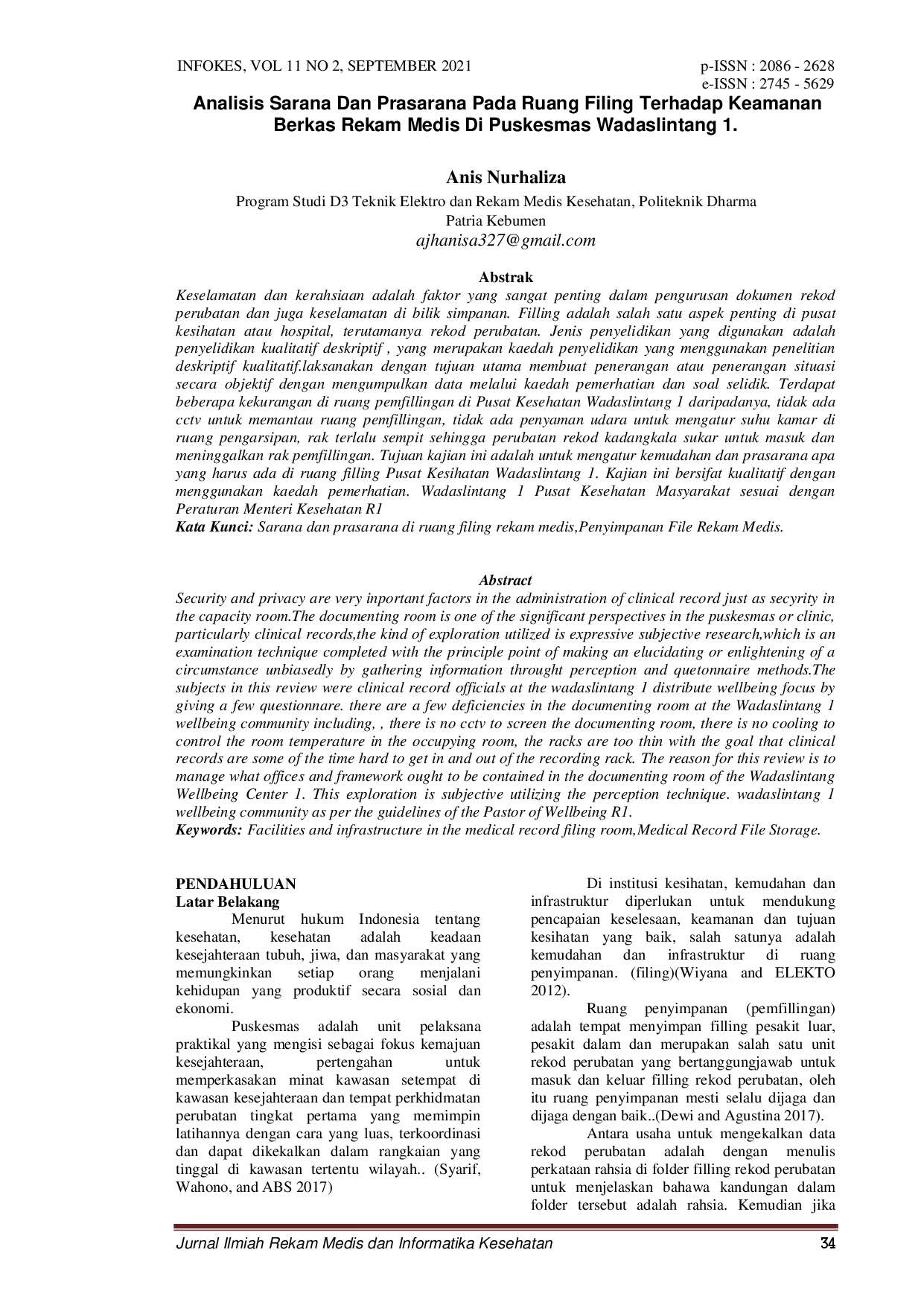 juris Analisis Sarana Dan Prasarana Pada Ruang Filing Terhadap Keamanan Berkas Rekam Medis Di Puskesmas Wadaslintang 1