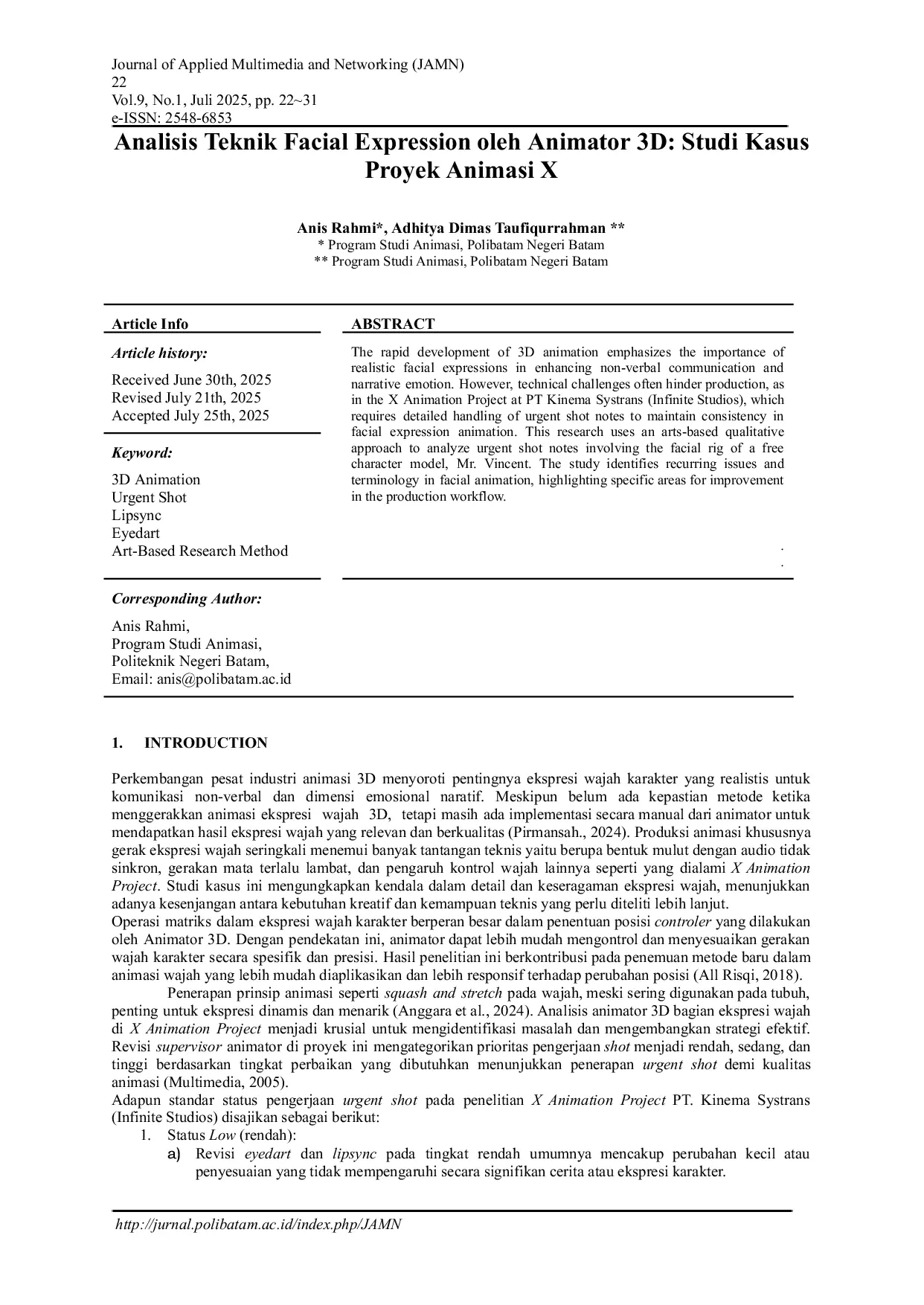 JURIS Analisis Teknik Facial Expression oleh Animator 3D Studi Kasus Proyek Animasi X