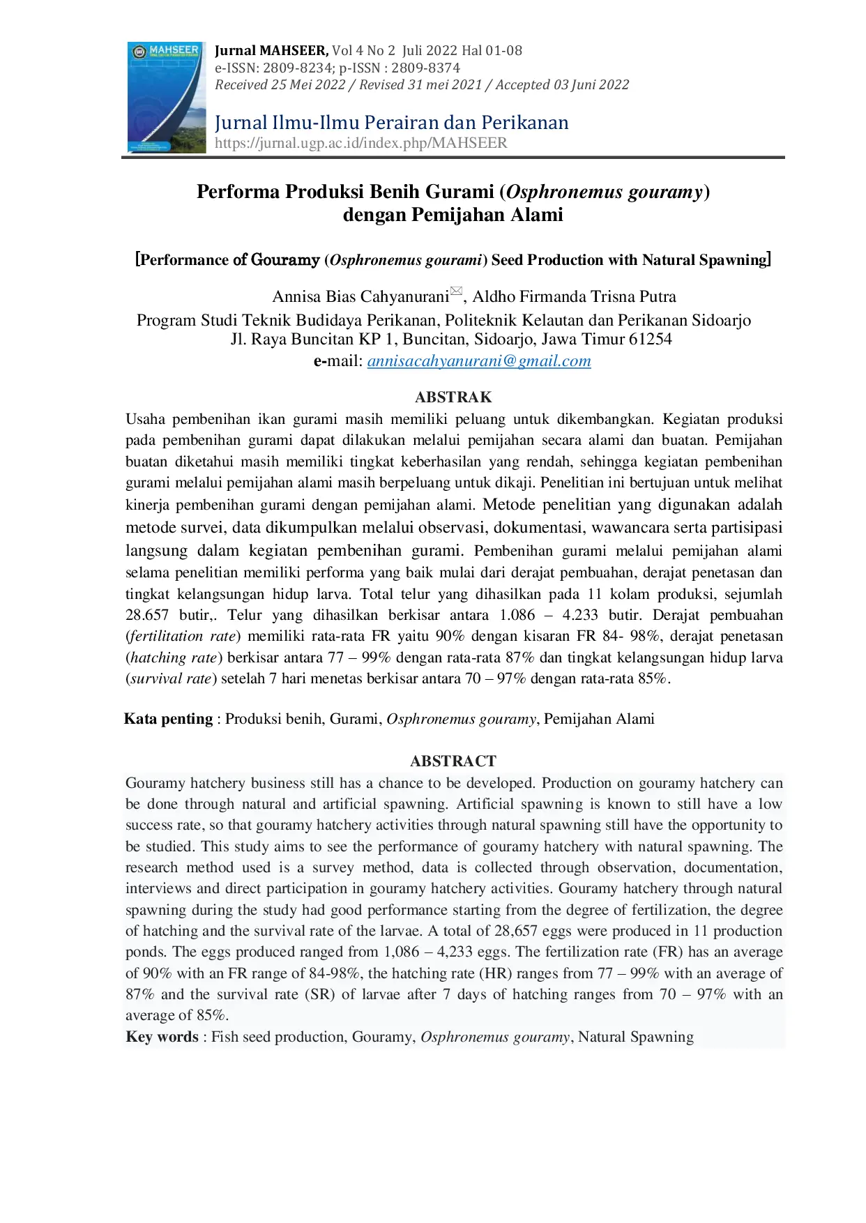 JURIS Performa Produksi Benih Ikan Gurami Osphronemus gouramy dengan Pemijahan Alami