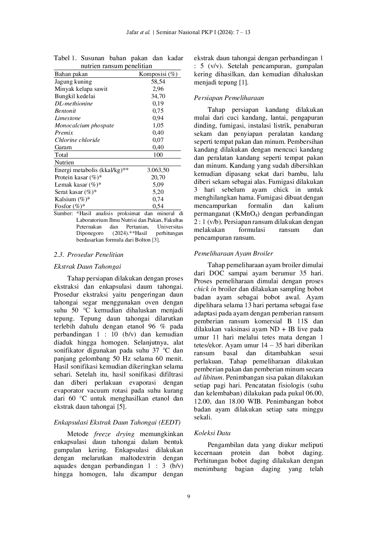 JURIS Penambahan Enkapsulasi Ekstrak Daun Tahongai pada Ransum terhadap Kecernaan Protein dan Bobot Daging Ayam Broiler yang Dipelihara pada Kepadatan Tinggi