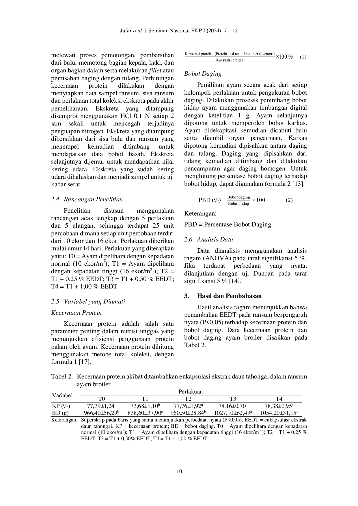 JURIS Penambahan Enkapsulasi Ekstrak Daun Tahongai pada Ransum terhadap Kecernaan Protein dan Bobot Daging Ayam Broiler yang Dipelihara pada Kepadatan Tinggi