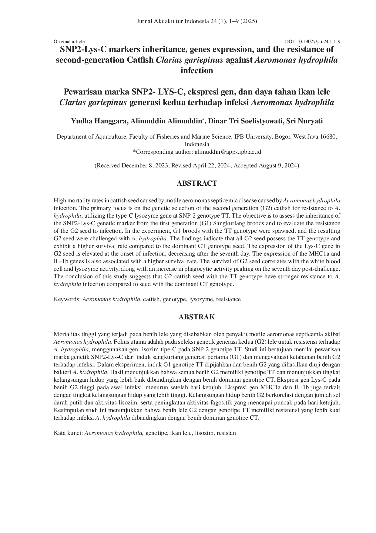 JURIS Pewarisan Marka SNP2 Lys C Ekspresi Gen dan Daya Tahan Ikan Lele Clarias gariepinus Generasi Kedua Terhadap Infeksi Aeromonas hydrophila