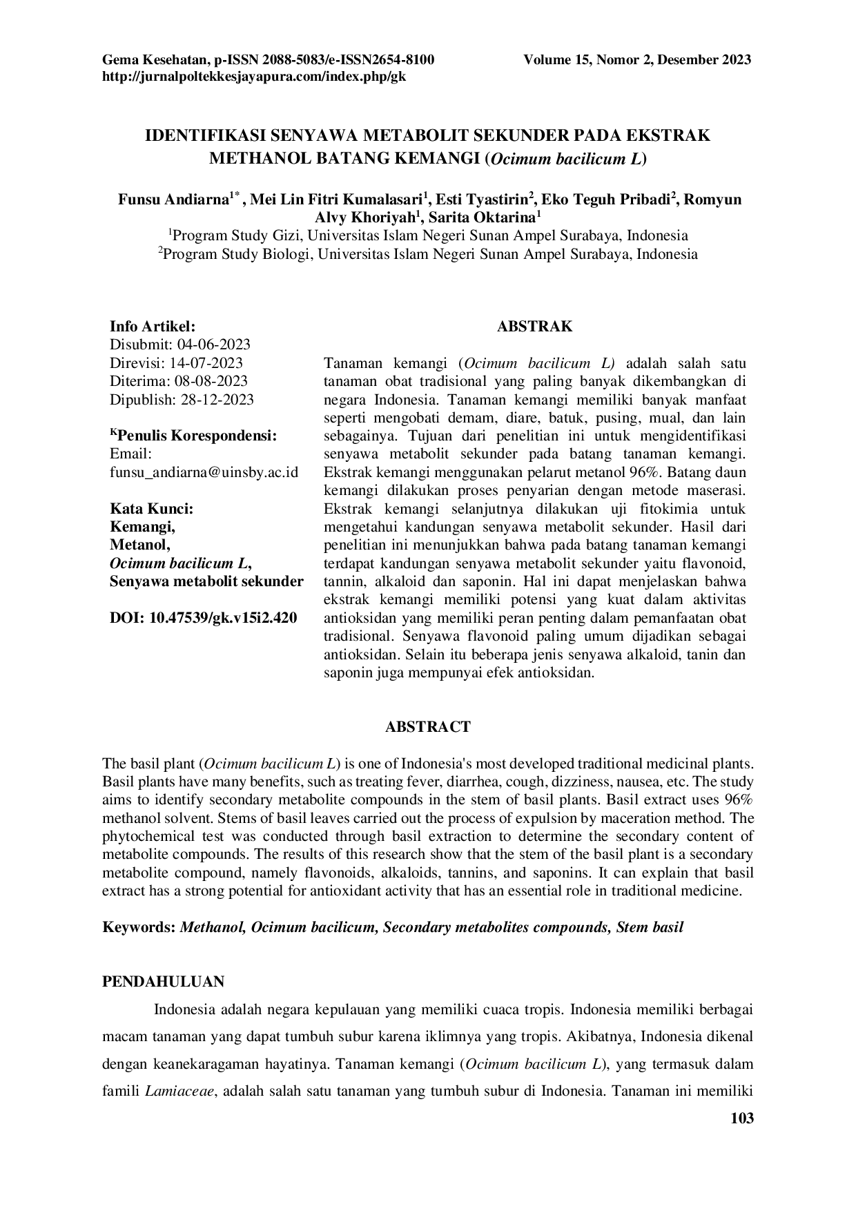 JURIS IDENTIFIKASI SENYAWA METABOLIT SEKUNDER PADA EKSTRAK METHANOL BATANG KEMANGI Ocimum bacilicum L