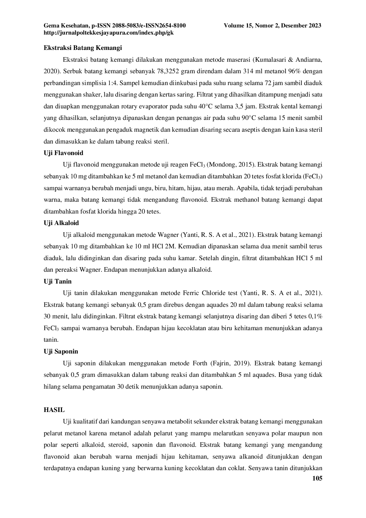 JURIS IDENTIFIKASI SENYAWA METABOLIT SEKUNDER PADA EKSTRAK METHANOL BATANG KEMANGI Ocimum bacilicum L