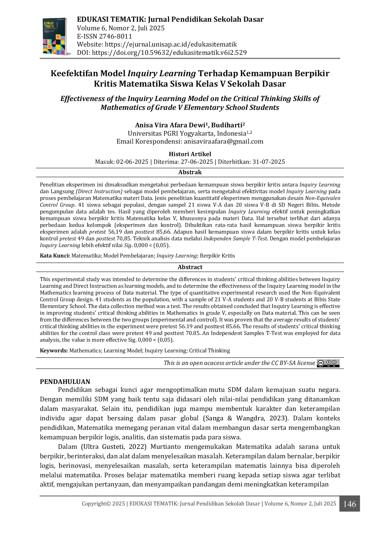 JURIS Keefektifan Model Inquiry Learning Terhadap Kemampuan Berpikir Kritis Matematika Siswa Kelas V Sekolah Dasar