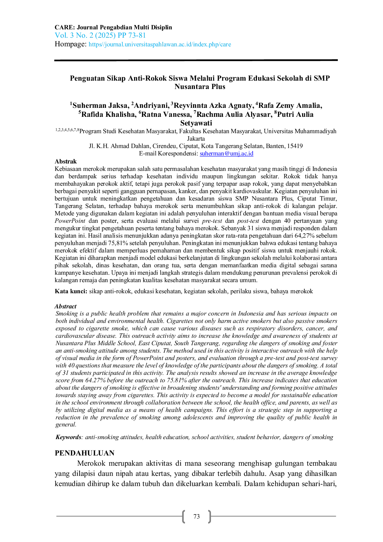 JURIS Sikap program sekolah penyakit Penguatan Sikap Anti Rokok Siswa Melalui Program Edukasi Sekolah di SMP Nusantara Plus