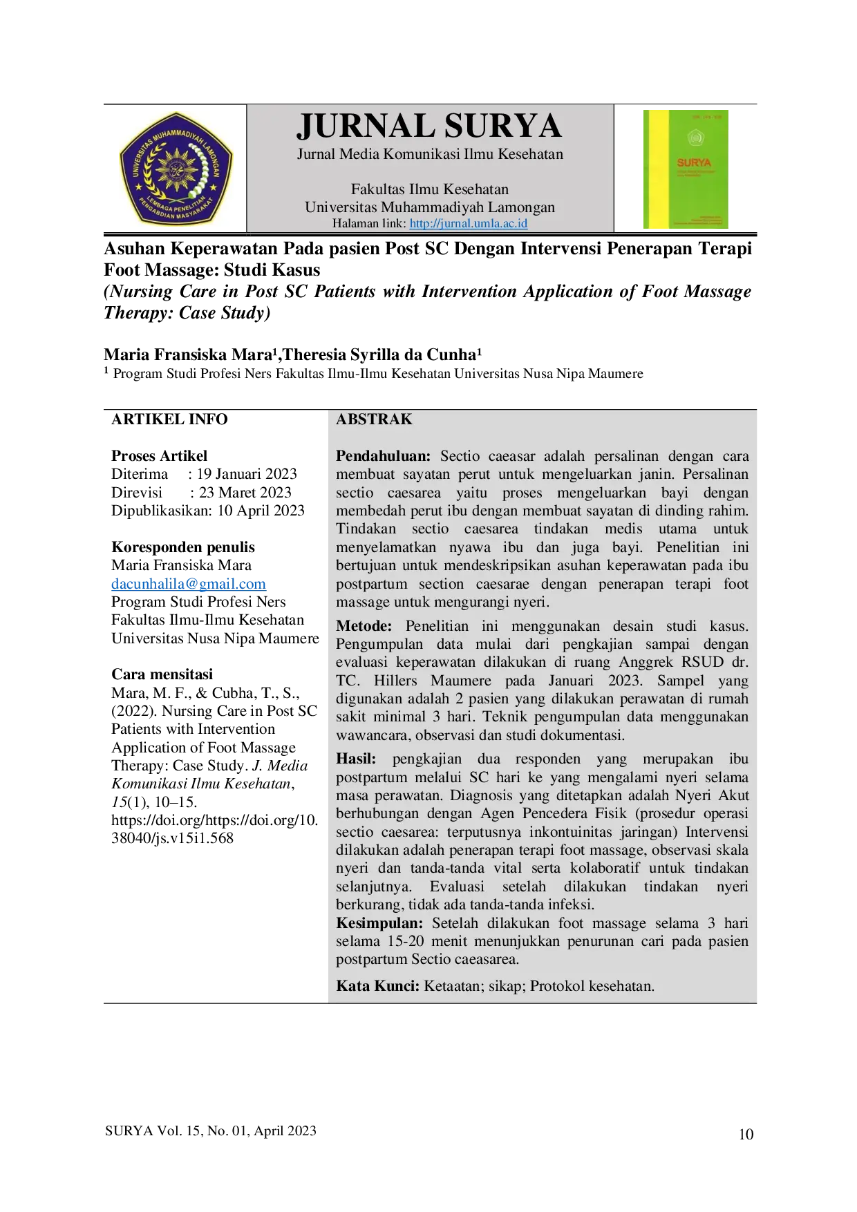 JURIS Nursing Care in Post SC Patients with Intervention Application of Foot Massage Therapy Case Study