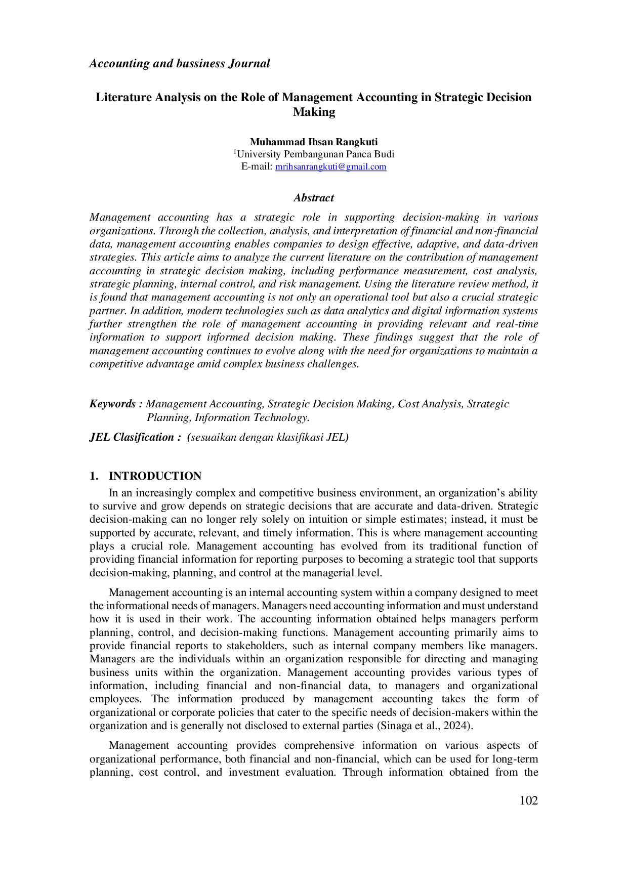 JURIS Literature Analysis on the Role of Management Accounting in Strategic Decision Making