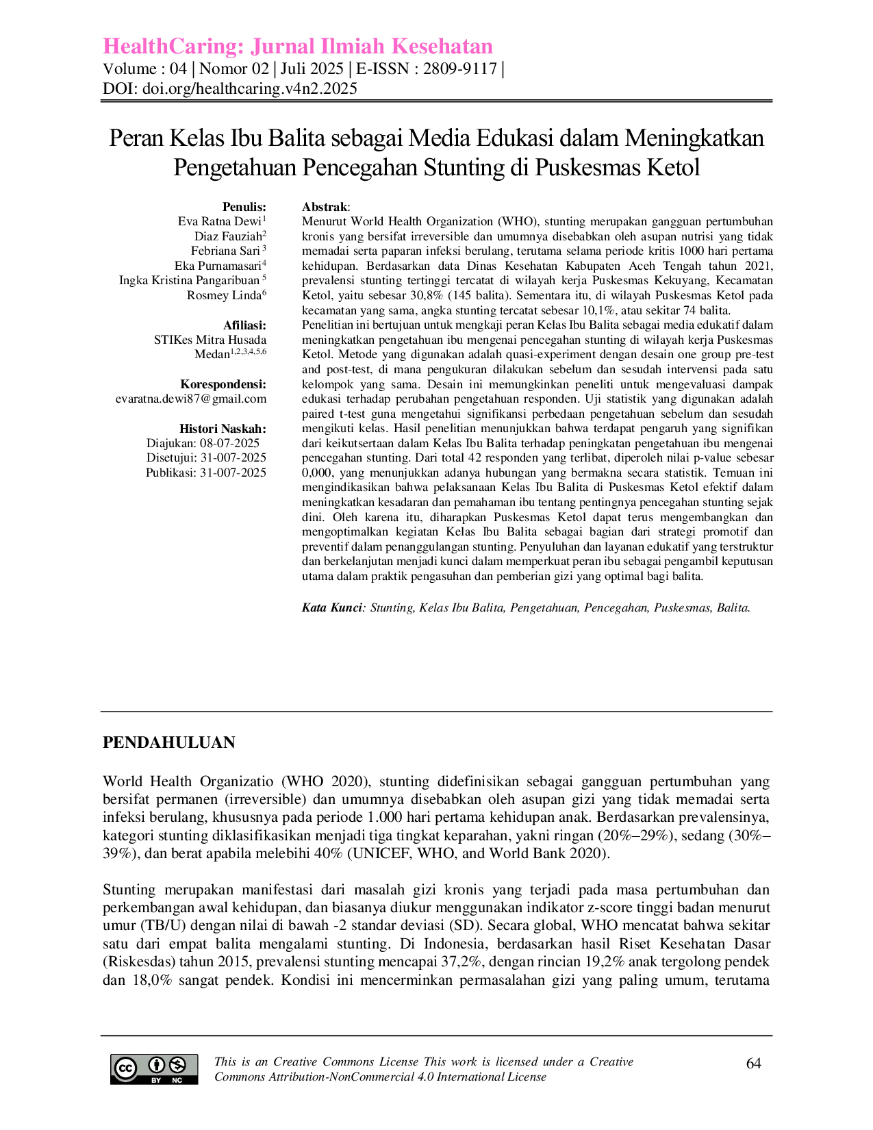 JURIS Peran Kelas Ibu Balita sebagai Media Edukasi dalam Meningkatkan Pengetahuan Pencegahan Stunting di Puskesmas Ketol
