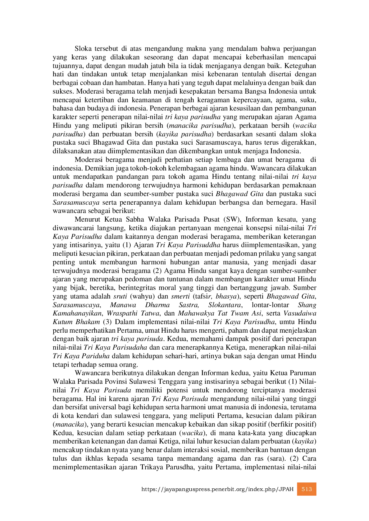 JURIS Implementasi Nilai Tri Kaya Parisudha Dalam Moderasi Beragama Persepektif Bhagawad Gita Dan Sarasamuscaya