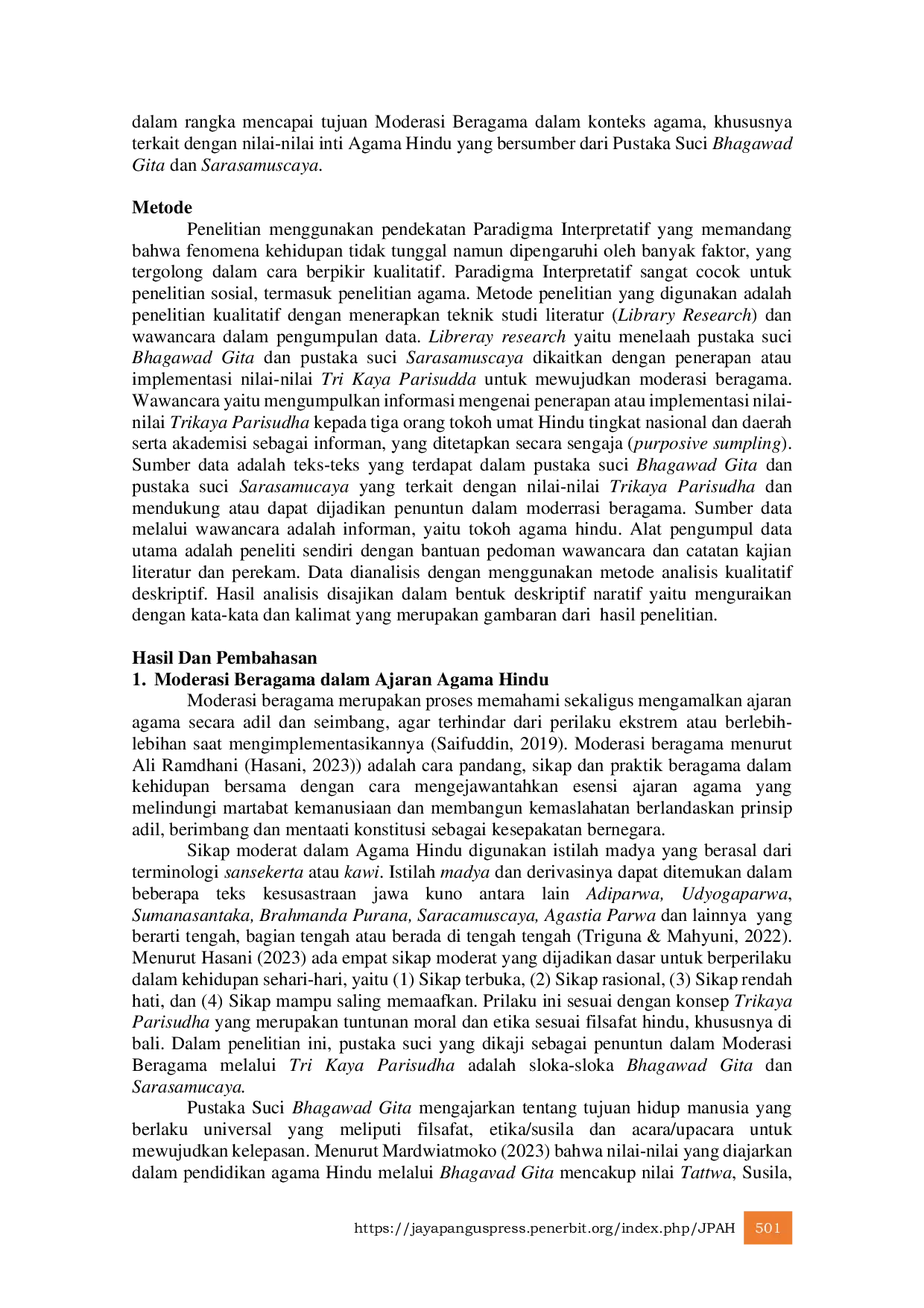 JURIS Implementasi Nilai Tri Kaya Parisudha Dalam Moderasi Beragama Persepektif Bhagawad Gita Dan Sarasamuscaya