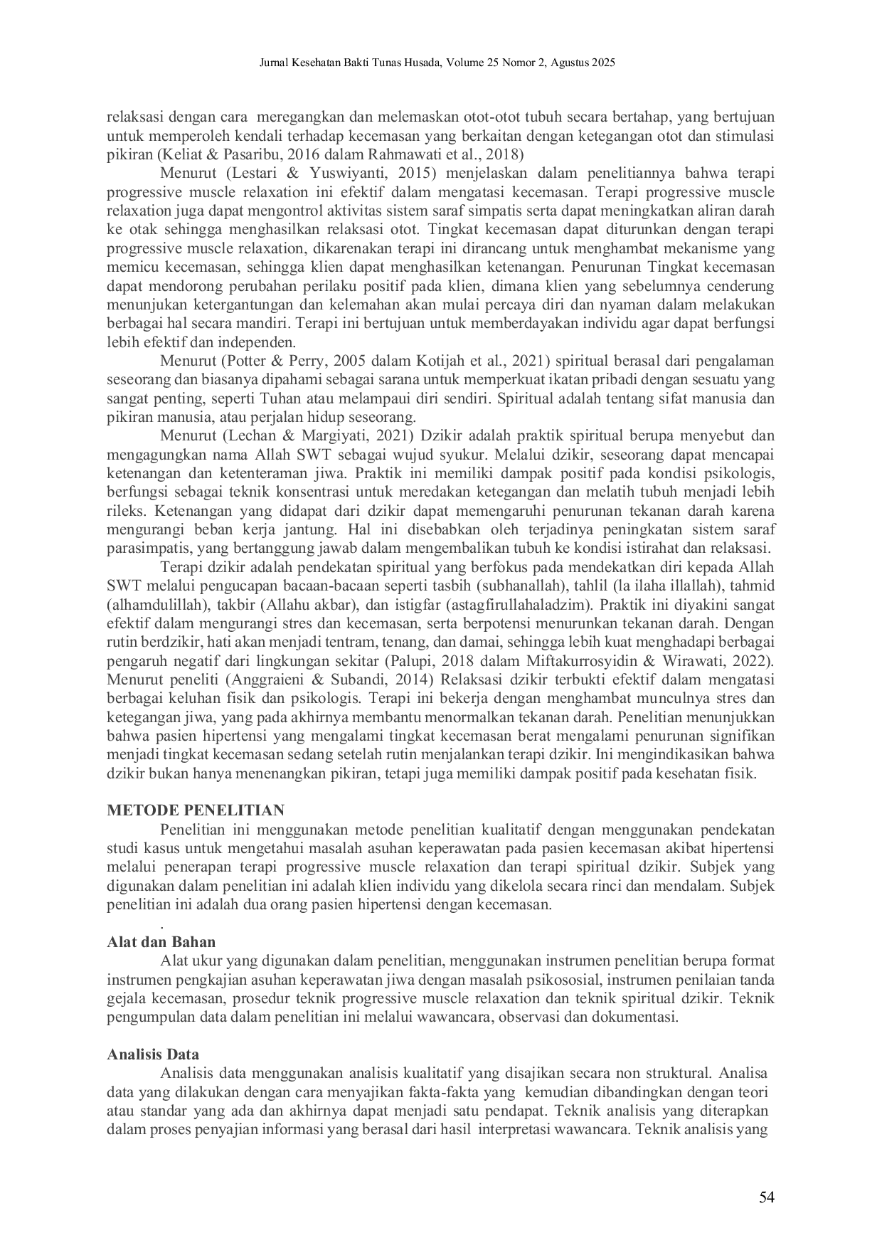 JURIS Penerapan Terapi Progressive Muscle Relaxation Dan Terapi Spiritual Dzikir Pada Pasien Kecemasan Akibat Hipertensi