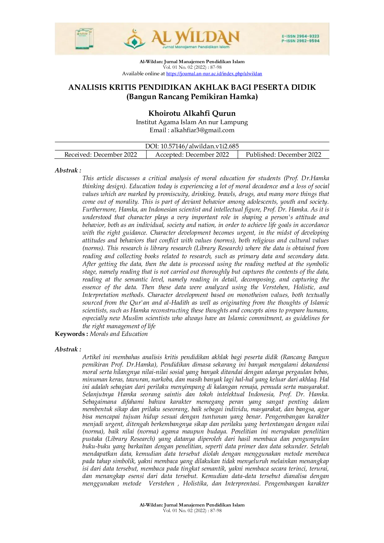 JURIS ANALISIS KRITIS PENDIDIKAN AKHLAK BAGI PESERTA DIDIK Bangun Rancang Pemikiran Hamka